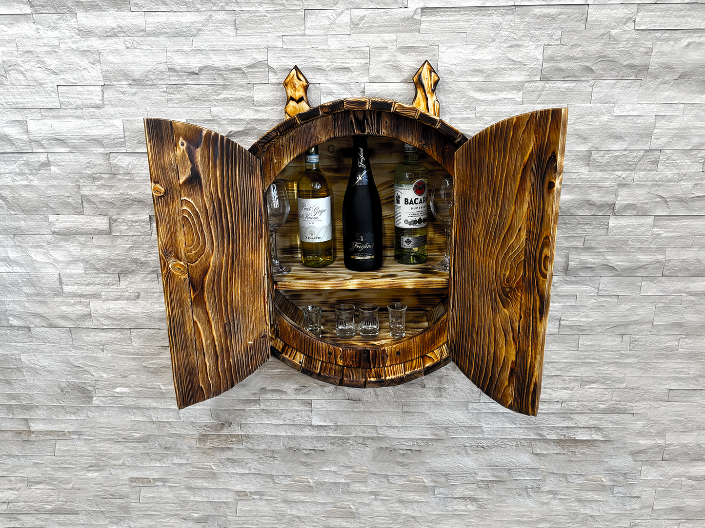 Hand-Made Wine Whiskey Barrel liquor cabinet | wall display bar shelf | bourbon barrel cabinet | Liquor Rack | Alcohol Display | Wine Shelf