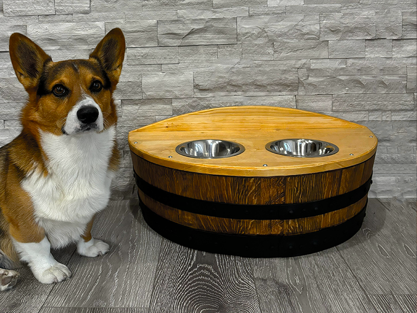 Hand-Made Authentic Pet Dog Cat Feeder Barrel, Handcrafted from Real Wine Whiskey Bourbon Barrel includes pet bowls, optional name engraving