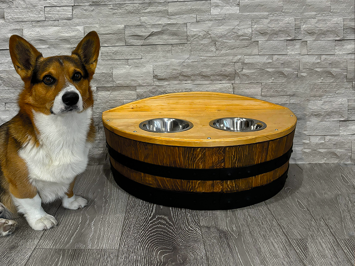 Hand-Made Authentic Pet Dog Cat Feeder Barrel, Handcrafted from Real Wine Whiskey Bourbon Barrel includes pet bowls, optional name engraving