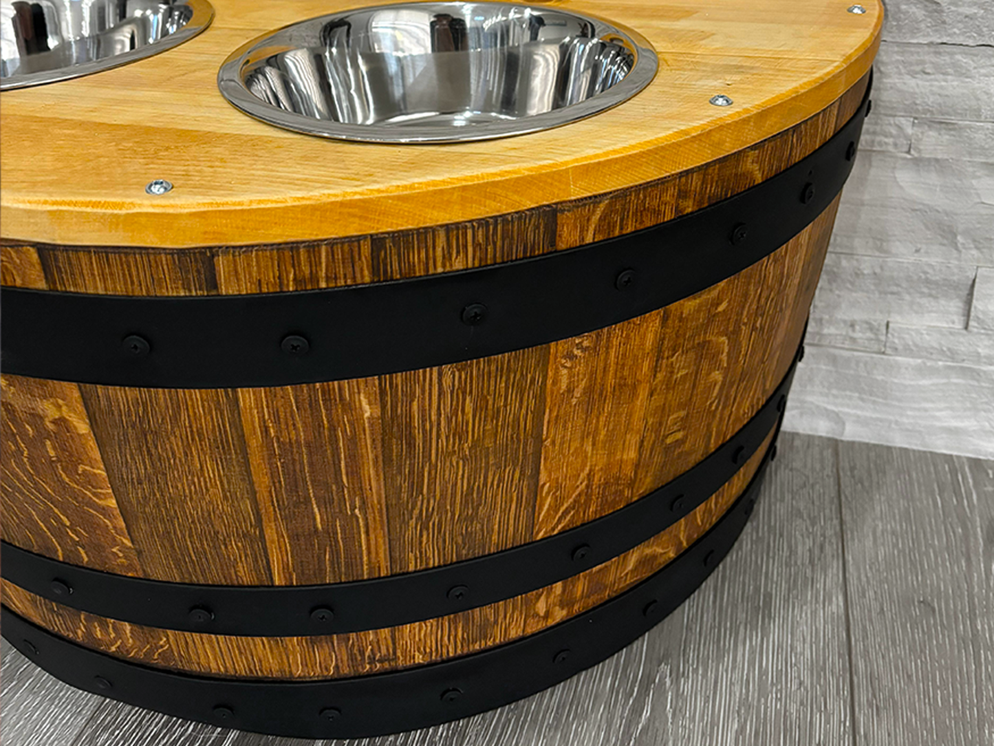 Hand-Made Authentic Pet Dog Cat Feeder Barrel, Handcrafted from Real Wine Whiskey Bourbon Barrel includes pet bowls, optional name engraving