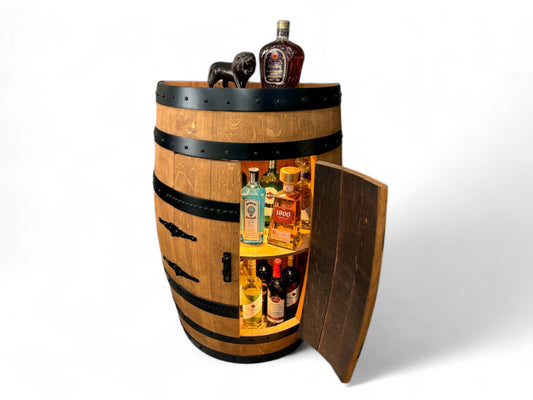 Hand-Made Authentic Liquor Barrel Display Cabinet, Handcrafted from Real Wine Whiskey Bourbon Barrel, Comes with LED Lights
