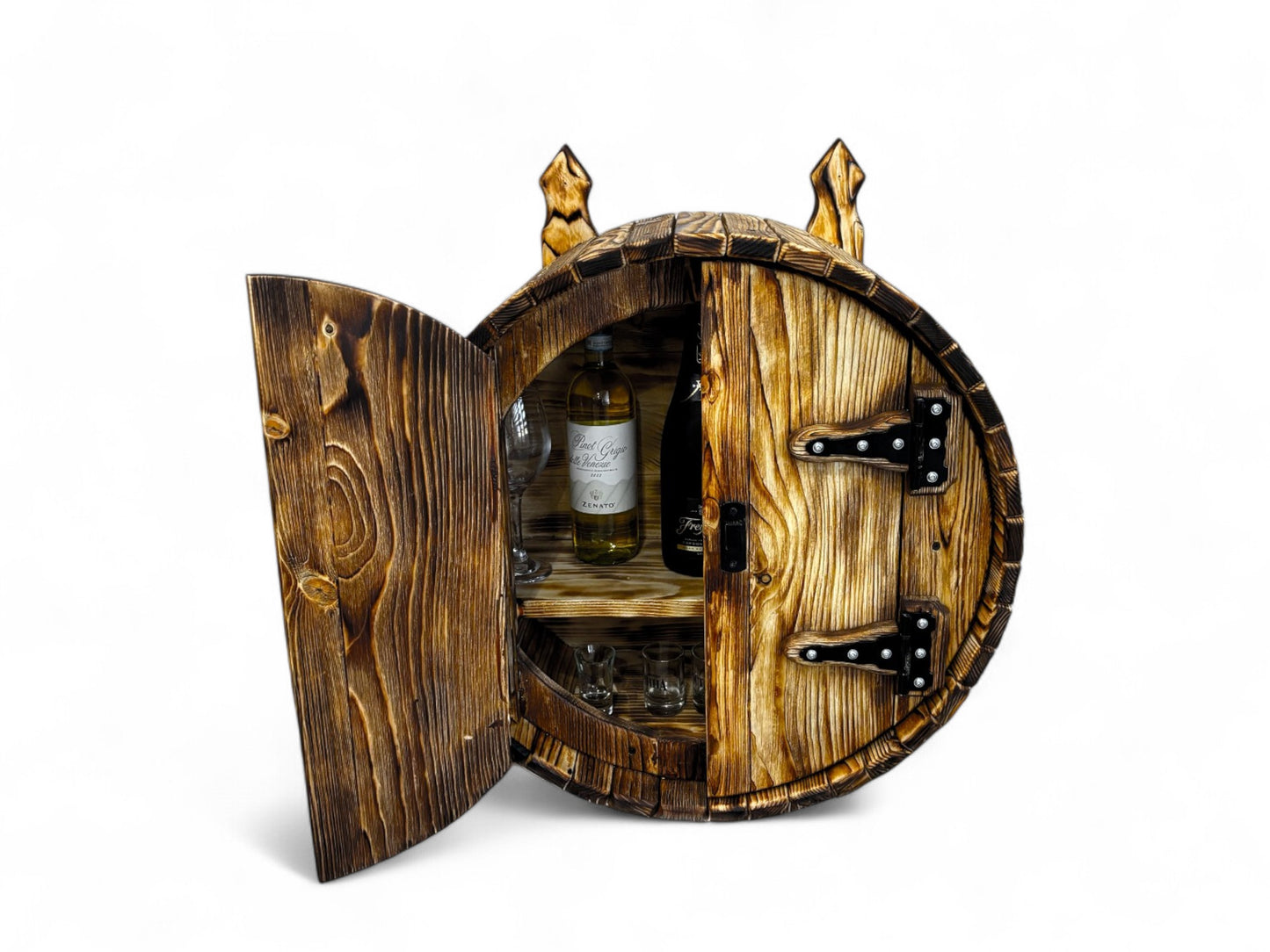 Hand-Made Wine Whiskey Barrel liquor cabinet | wall display bar shelf | bourbon barrel cabinet | Liquor Rack | Alcohol Display | Wine Shelf