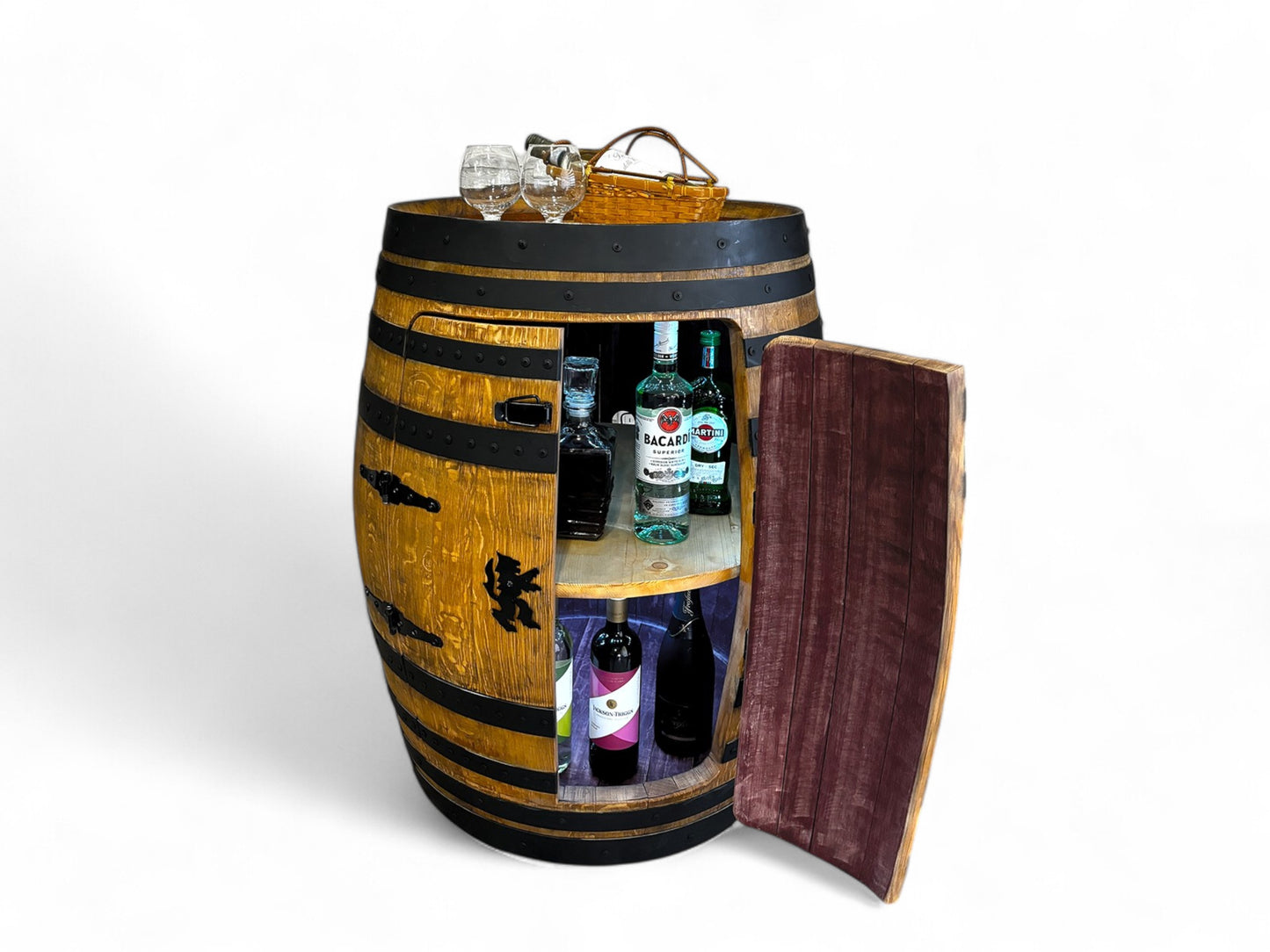 Authentic Whiskey Aged Barrel Cabinet w/ LED lights | Available Half/Full Cabinet Handcrafted from Real Whiskey Barrel