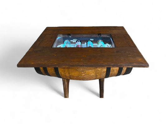 Whiskey Barrel Coffee Table Removable GlassTop ,Handmade Authentic from Real Wine Bourbon Barrel include LED Lights ,Liquor Storage