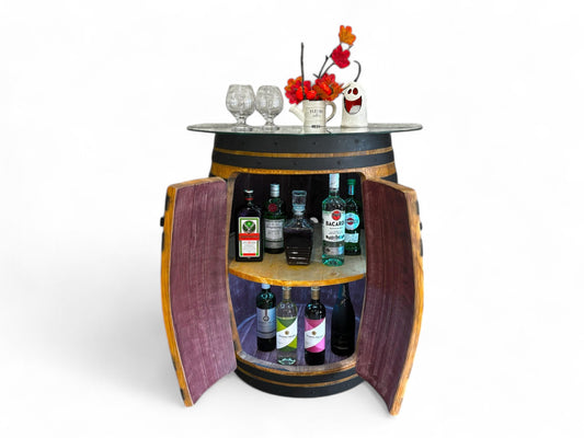 Whiskey Barrel Table Bar Rotating Glass Top | Handcrafted Authentic from Real Wine Whiskey Bourbon Barrel include LED Lights ,Liquor Storage