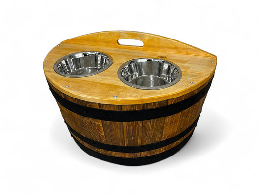 Hand-Made Authentic Pet Dog Cat Feeder Barrel, Handcrafted from Real Wine Whiskey Bourbon Barrel includes pet bowls, optional name engraving