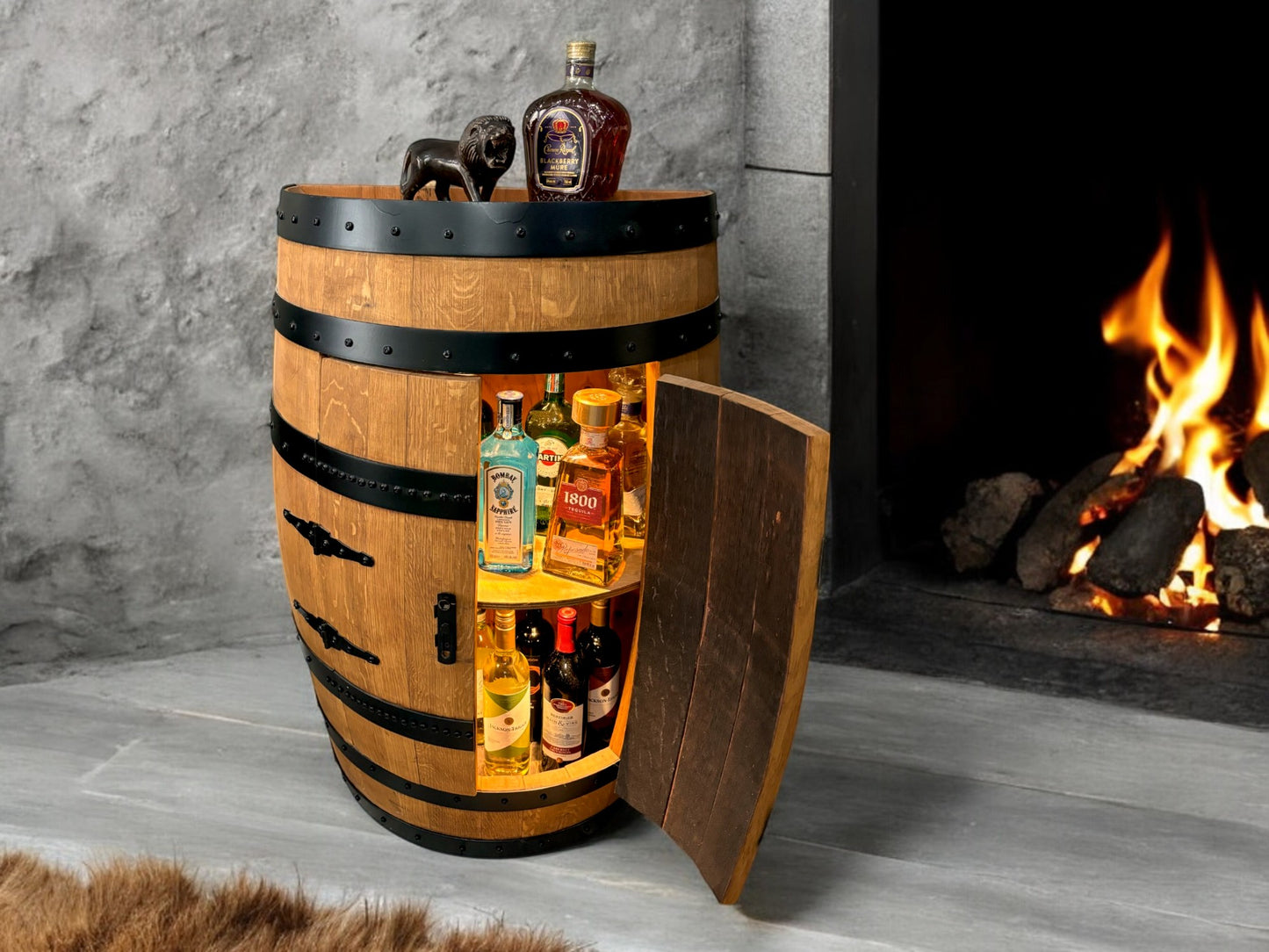 Hand-Made Authentic Liquor Barrel Display Cabinet, Handcrafted from Real Wine Whiskey Bourbon Barrel, Comes with LED Lights