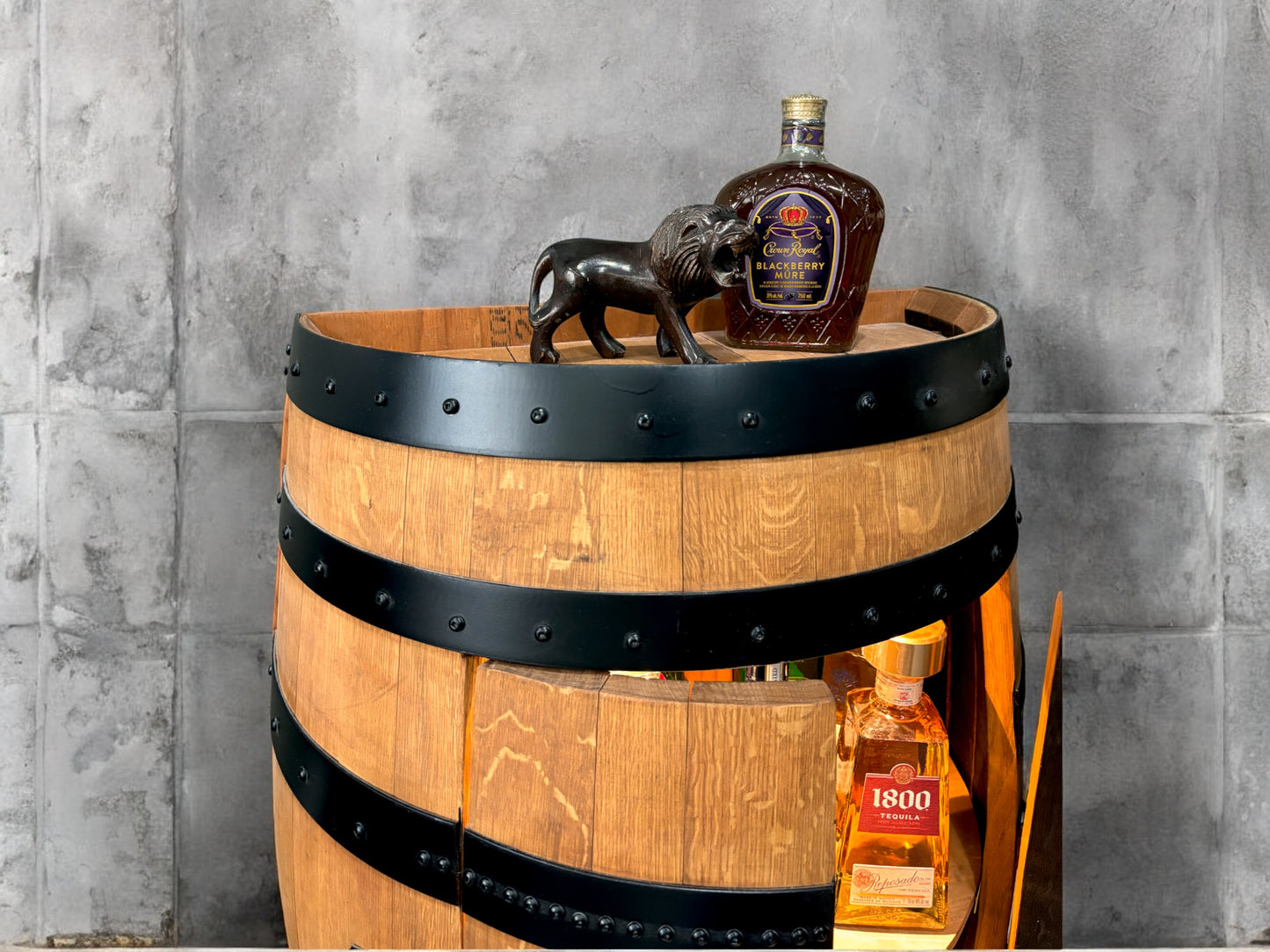 Hand-Made Authentic Liquor Barrel Display Cabinet, Handcrafted from Real Wine Whiskey Bourbon Barrel, Comes with LED Lights