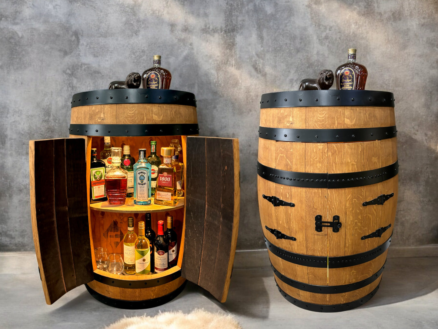 Hand-Made Authentic Liquor Barrel Display Cabinet, Handcrafted from Real Wine Whiskey Bourbon Barrel, Comes with LED Lights
