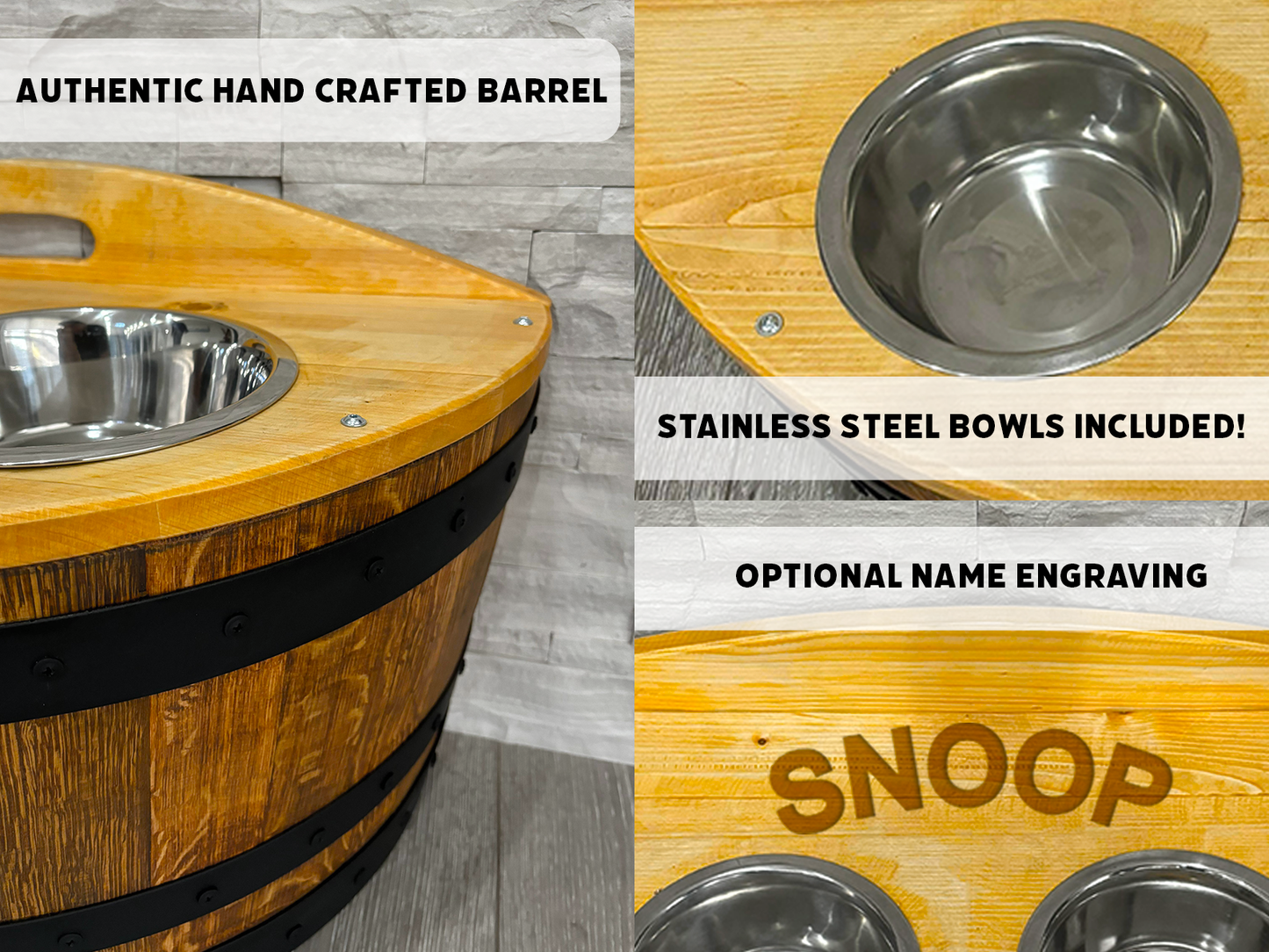 Hand-Made Authentic Pet Dog Cat Feeder Barrel, Handcrafted from Real Wine Whiskey Bourbon Barrel includes pet bowls, optional name engraving
