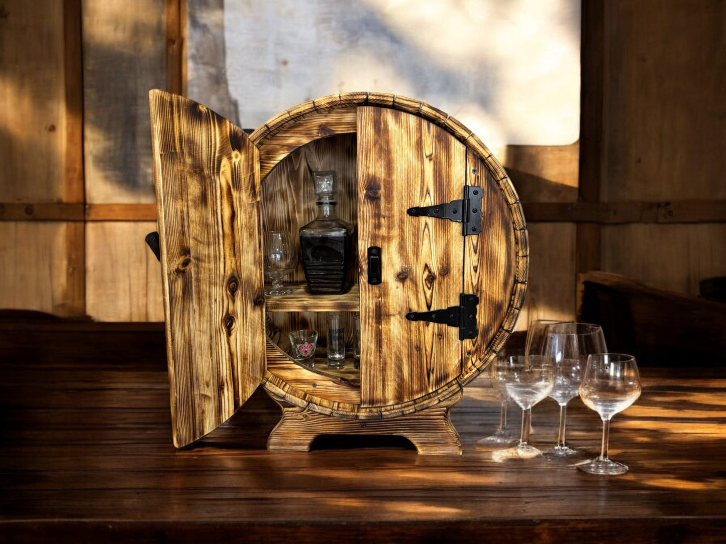 Hand-Made Wine Whiskey Barrel liquor stand | display bar tabletop | bourbon barrel cabinet | Liquor Rack | Alcohol Display | Wine Shelf