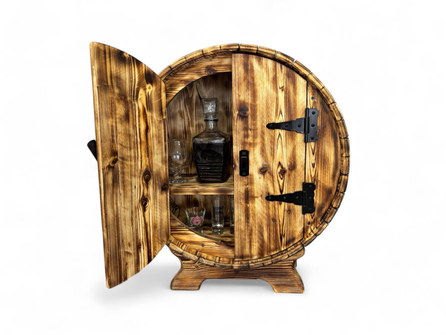 Hand-Made Wine Whiskey Barrel liquor stand | display bar tabletop | bourbon barrel cabinet | Liquor Rack | Alcohol Display | Wine Shelf