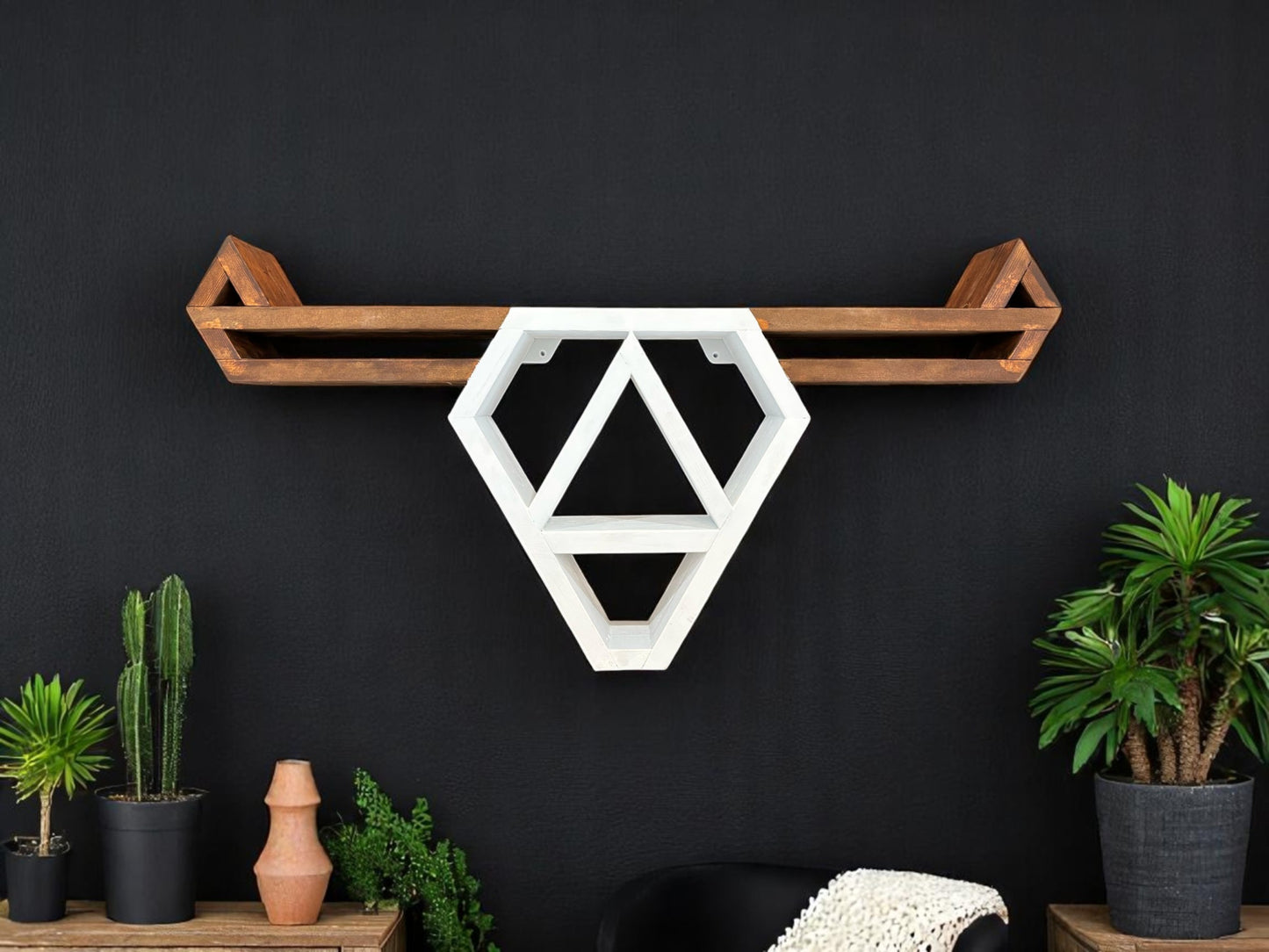 Wooden Geometric Bull Head Wall Shelf