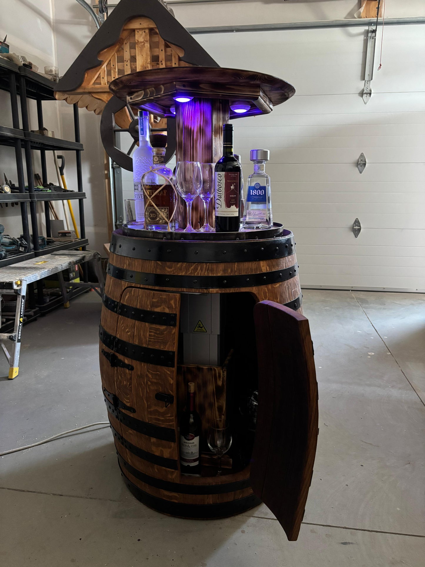 Automatic Authentic Whiskey Aged Barrel Cabinet w/ LED lights | Handcrafted from Real Whiskey Barrel