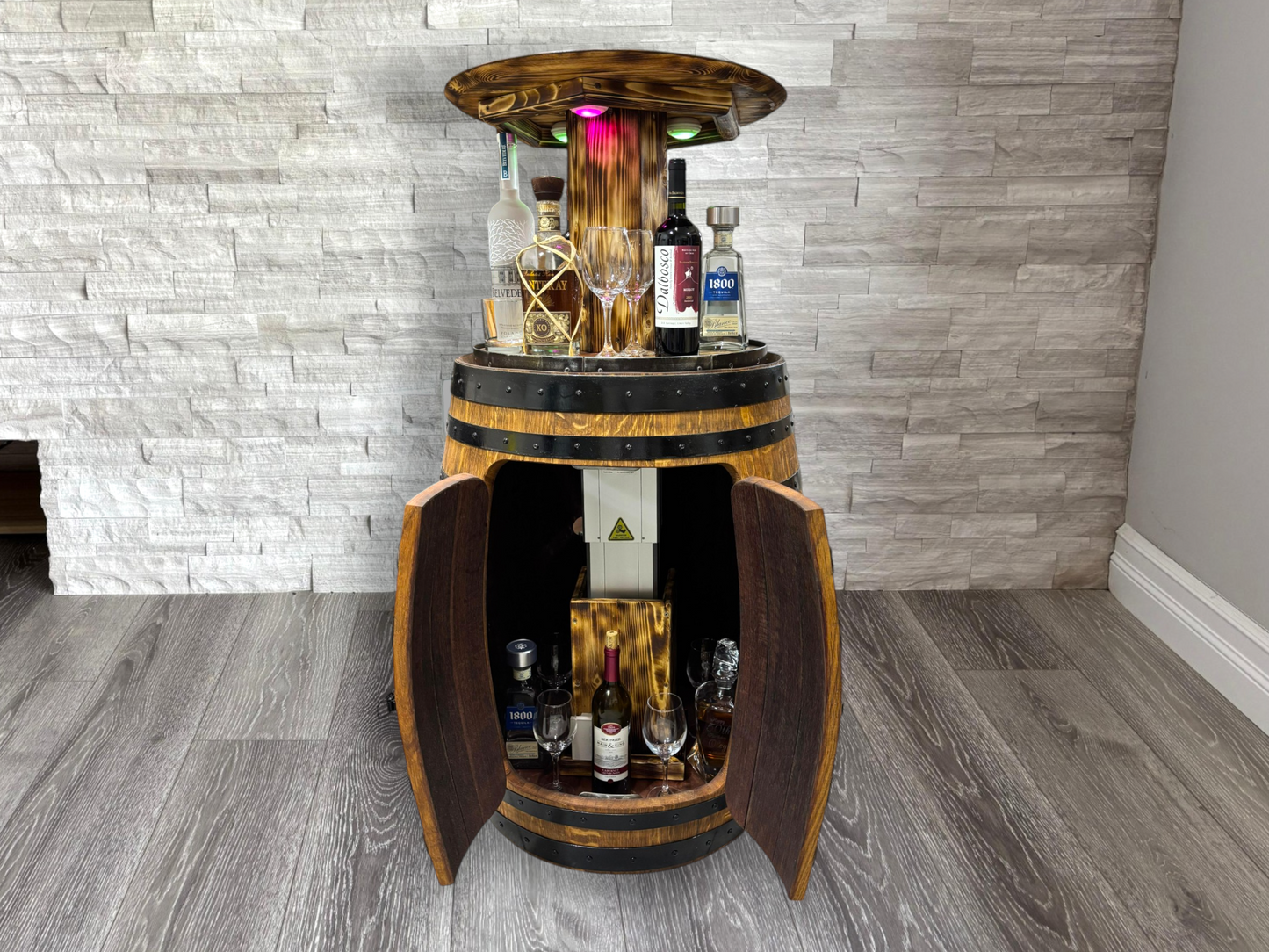 Automatic Authentic Whiskey Aged Barrel Cabinet w/ LED lights | Handcrafted from Real Whiskey Barrel