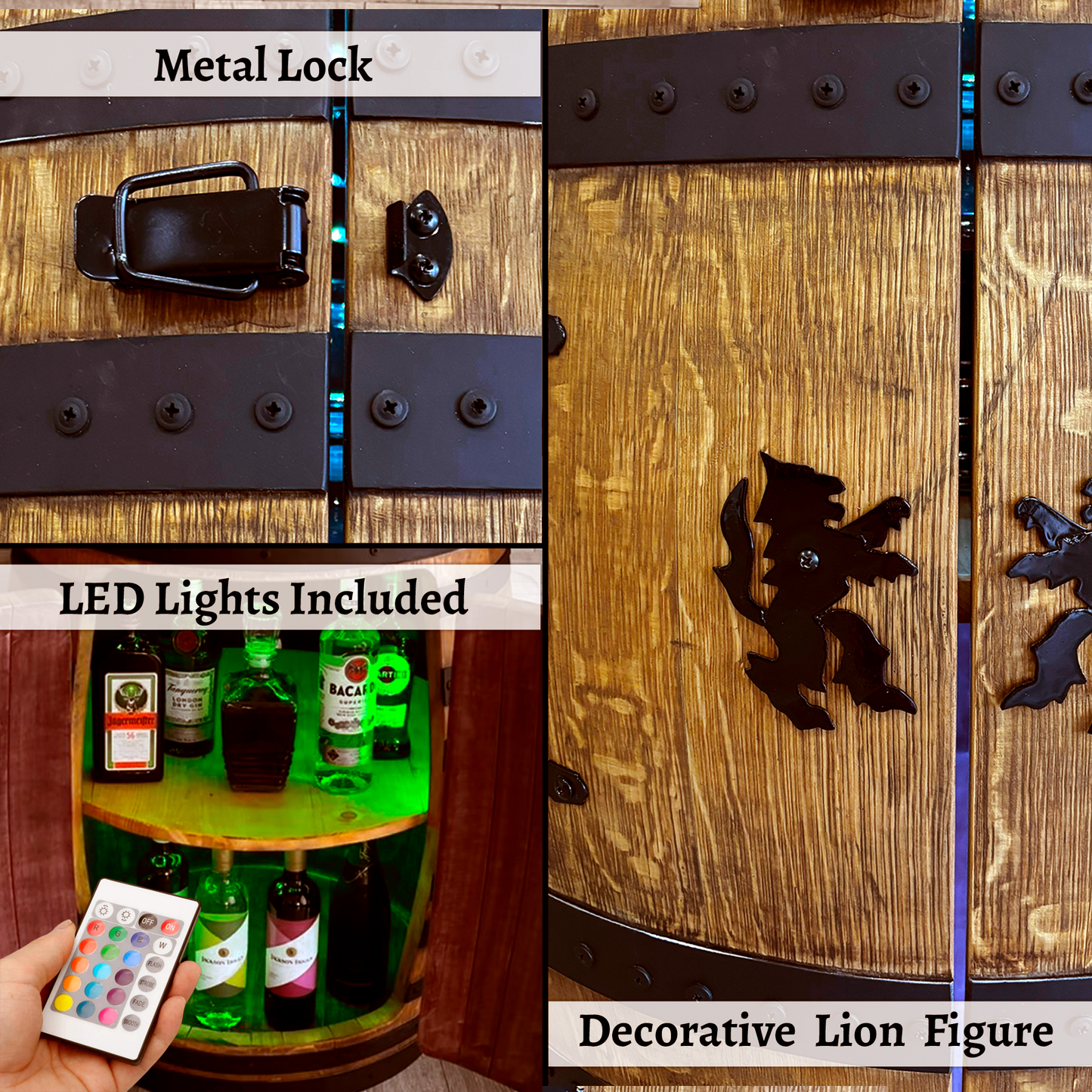 Authentic Whiskey Aged Barrel Cabinet w/ LED lights | Available Half/Full Cabinet Handcrafted from Real Whiskey Barrel