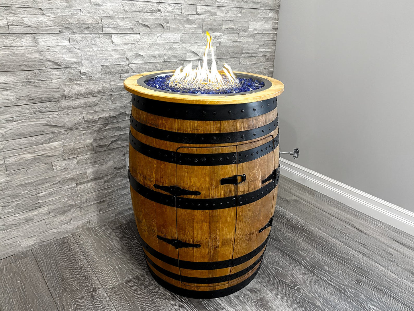 Whiskey Wine Barrel Fire Pit | Fire Glass INCLUDED |Gas Outdoor Fire Place | Patio Heater |Patio outdoor Decor | Barrel table liquor cabinet
