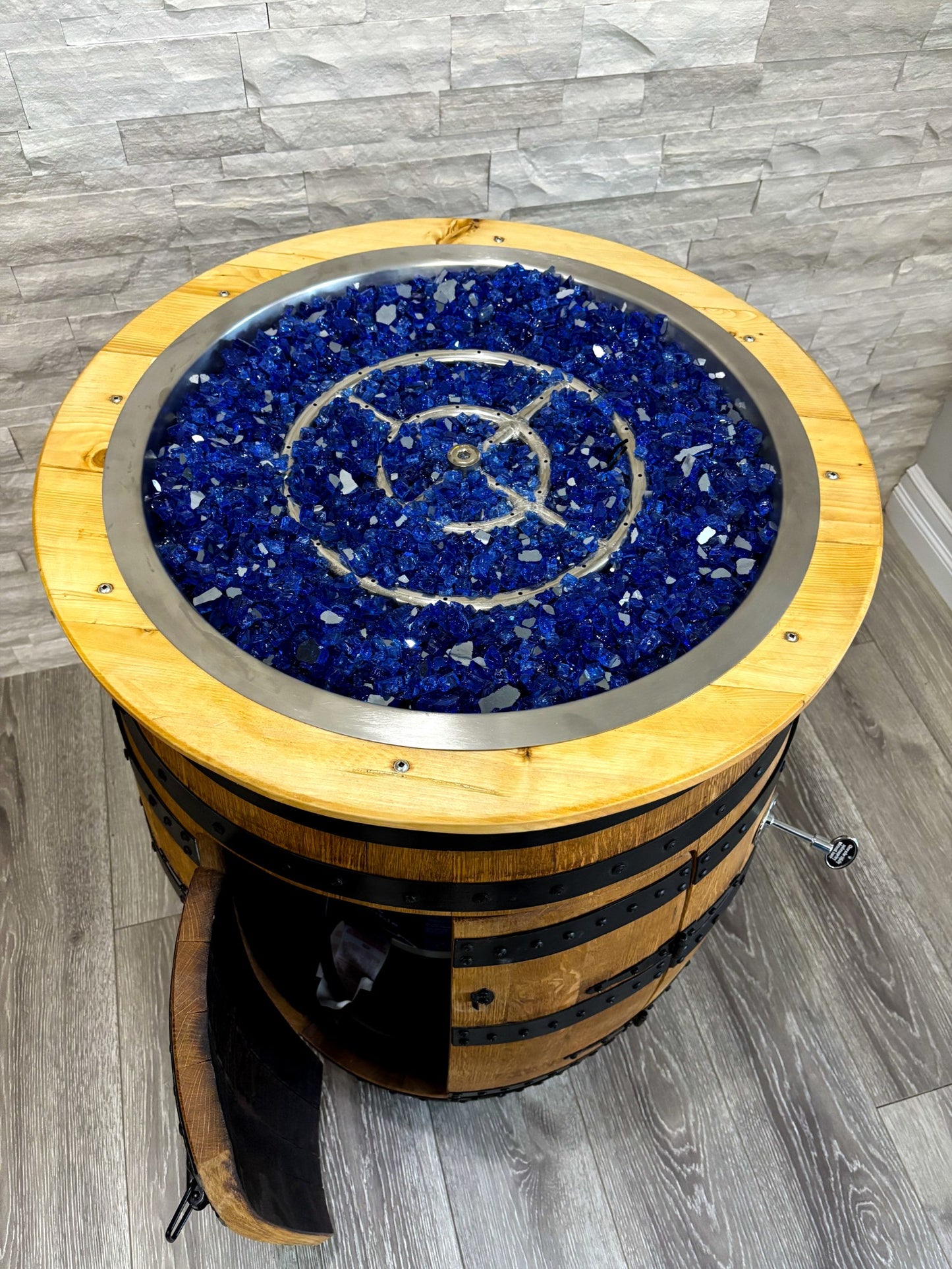 Whiskey Wine Barrel Fire Pit | Fire Glass INCLUDED |Gas Outdoor Fire Place | Patio Heater |Patio outdoor Decor | Barrel table liquor cabinet