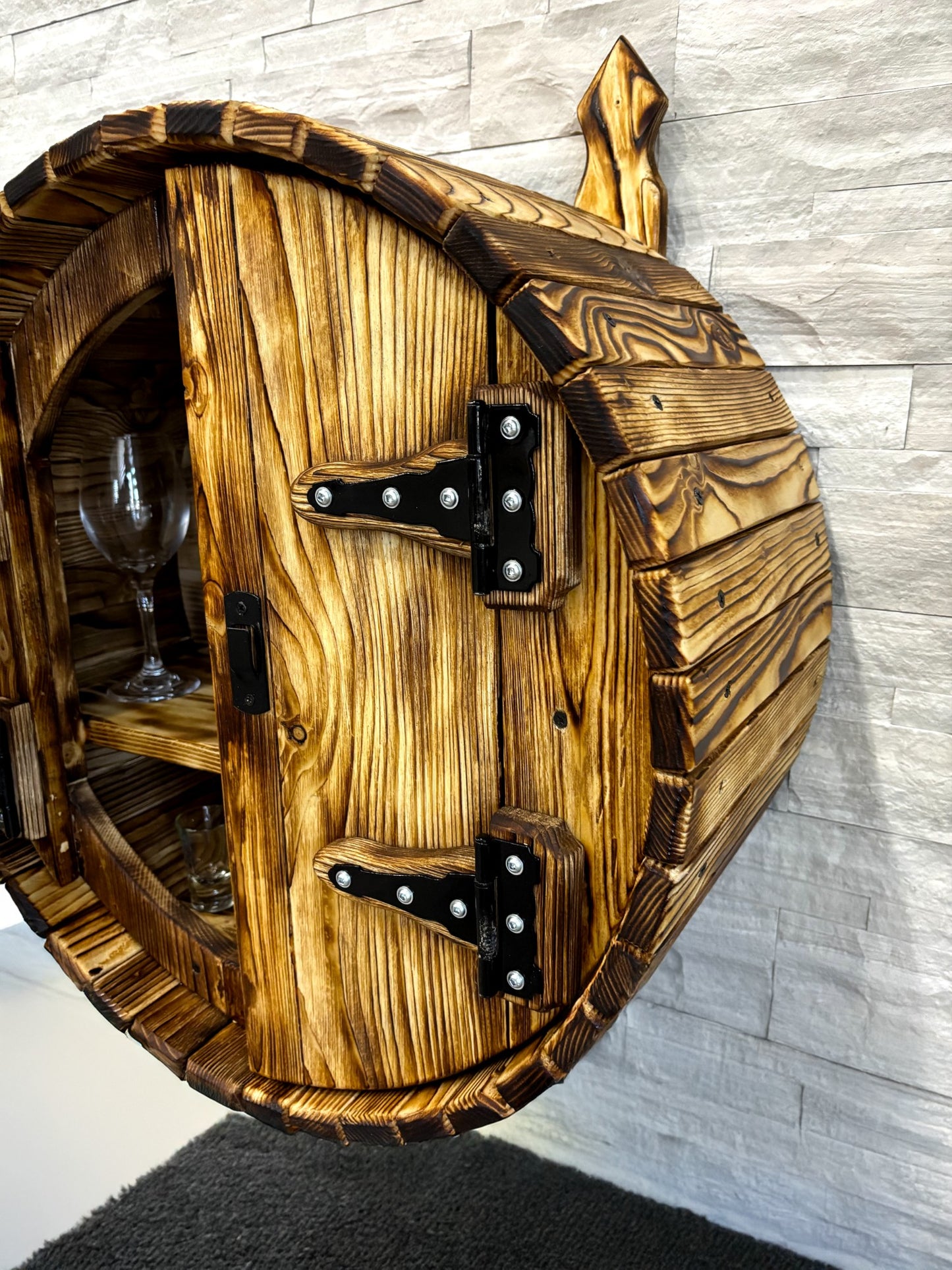 Hand-Made Wine Whiskey Barrel liquor cabinet | wall display bar shelf | bourbon barrel cabinet | Liquor Rack | Alcohol Display | Wine Shelf