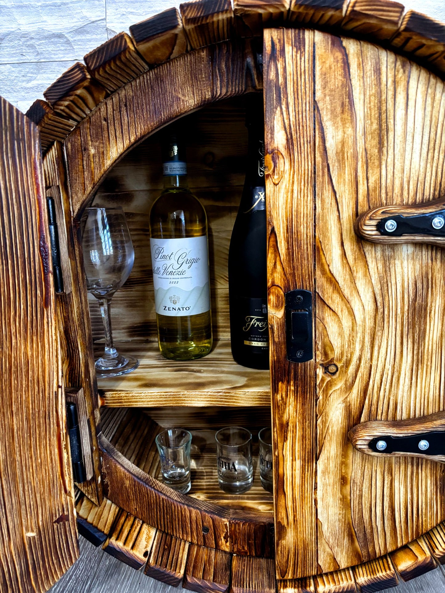 Hand-Made Wine Whiskey Barrel liquor cabinet | wall display bar shelf | bourbon barrel cabinet | Liquor Rack | Alcohol Display | Wine Shelf