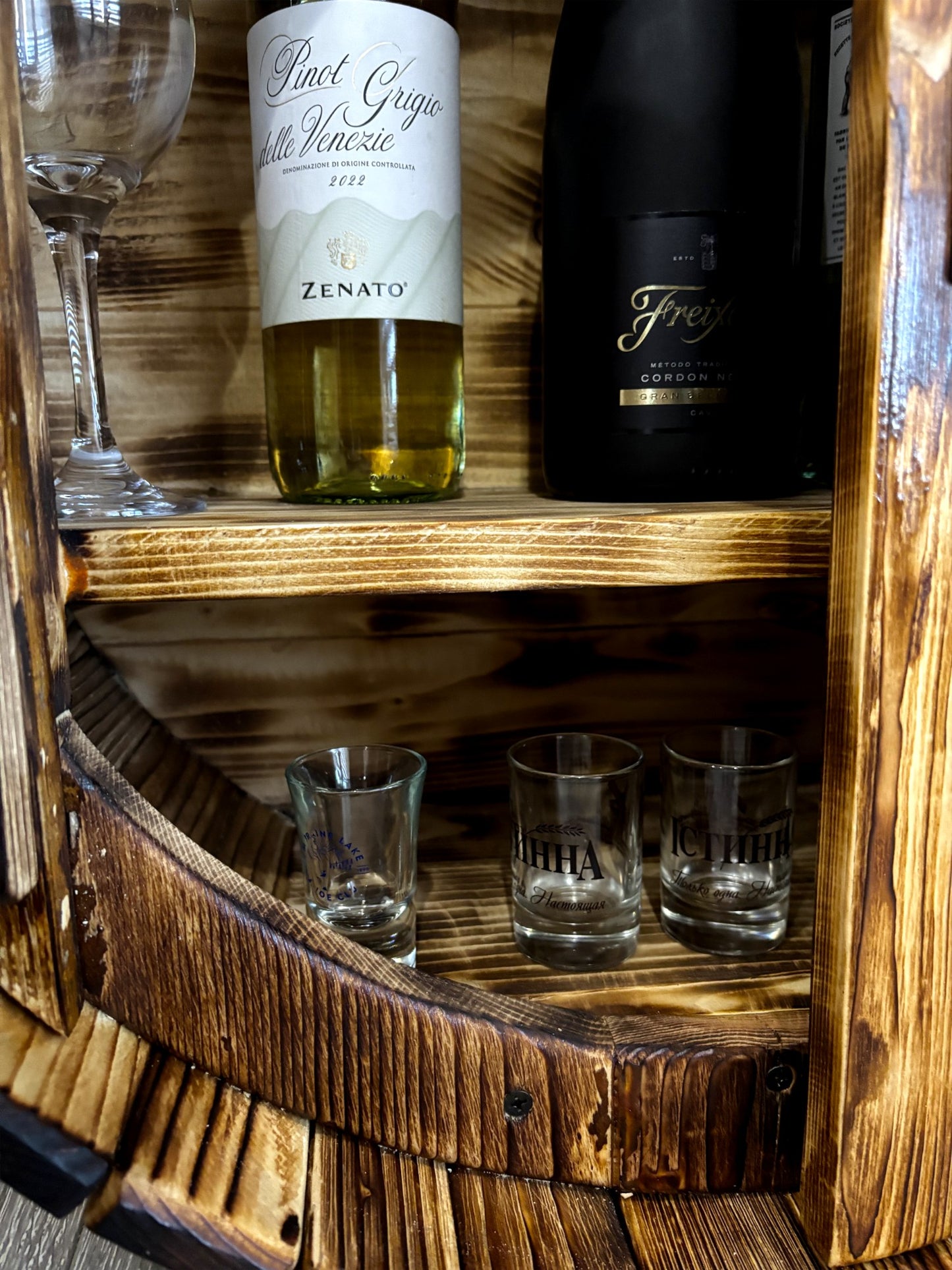 Hand-Made Wine Whiskey Barrel liquor cabinet | wall display bar shelf | bourbon barrel cabinet | Liquor Rack | Alcohol Display | Wine Shelf