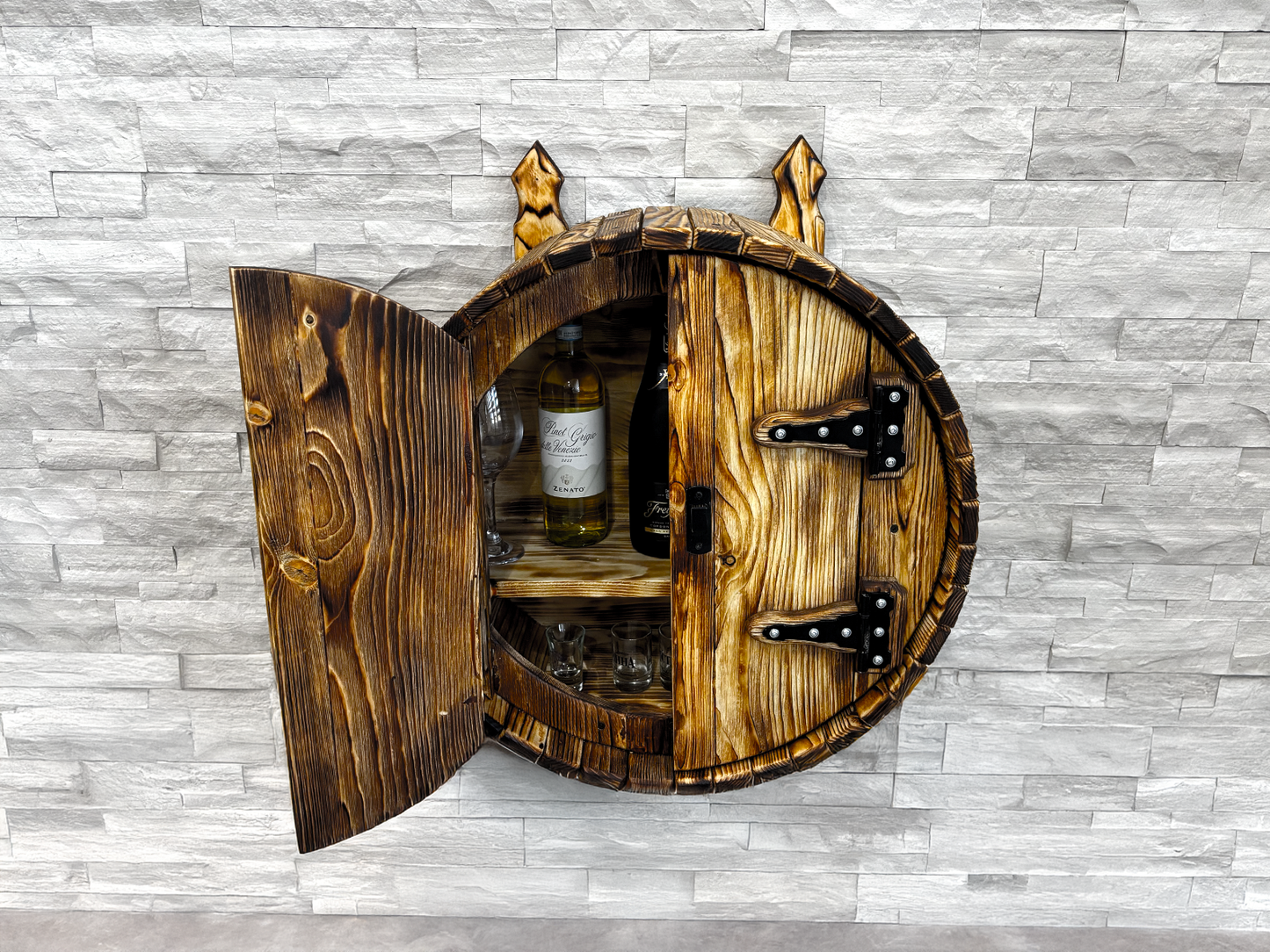 Hand-Made Wine Whiskey Barrel liquor cabinet | wall display bar shelf | bourbon barrel cabinet | Liquor Rack | Alcohol Display | Wine Shelf