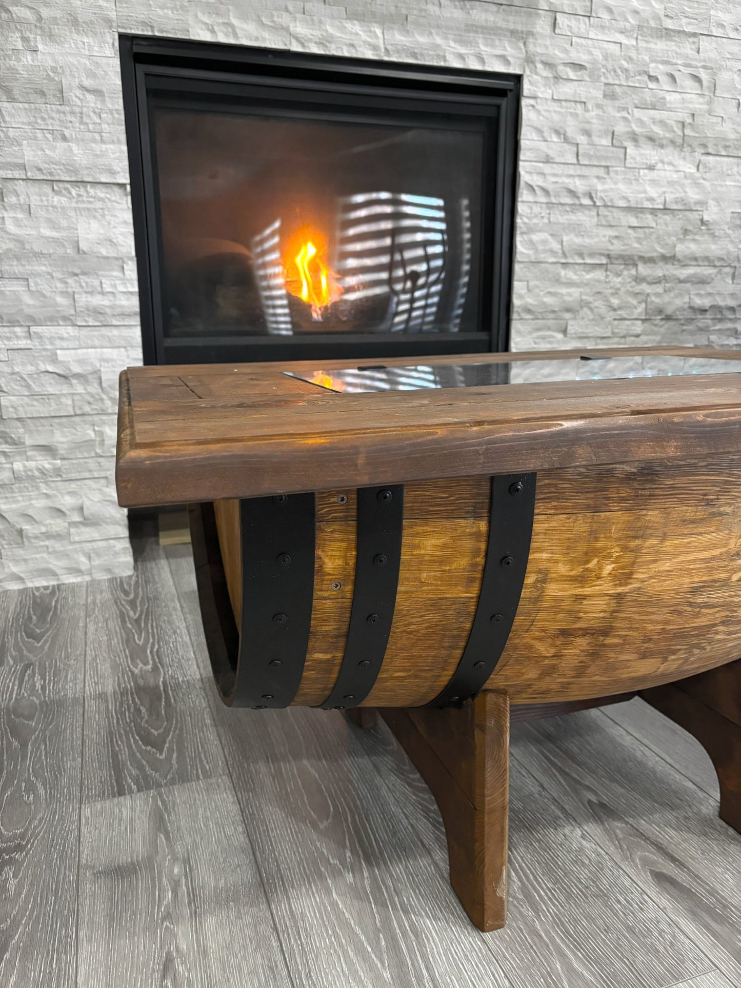 Whiskey Barrel Coffee Table Removable GlassTop ,Handmade Authentic from Real Wine Bourbon Barrel include LED Lights ,Liquor Storage