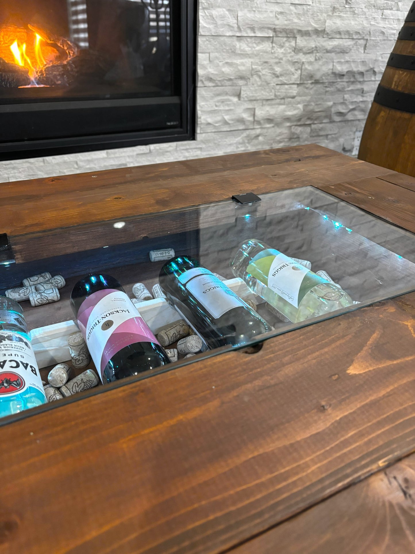 Whiskey Barrel Coffee Table Removable GlassTop ,Handmade Authentic from Real Wine Bourbon Barrel include LED Lights ,Liquor Storage
