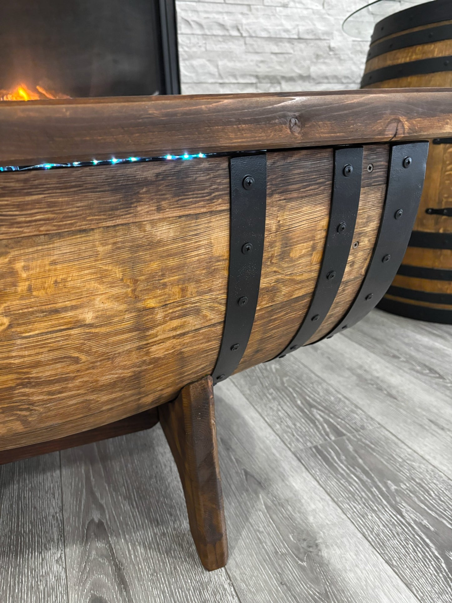 Whiskey Barrel Coffee Table Removable GlassTop ,Handmade Authentic from Real Wine Bourbon Barrel include LED Lights ,Liquor Storage