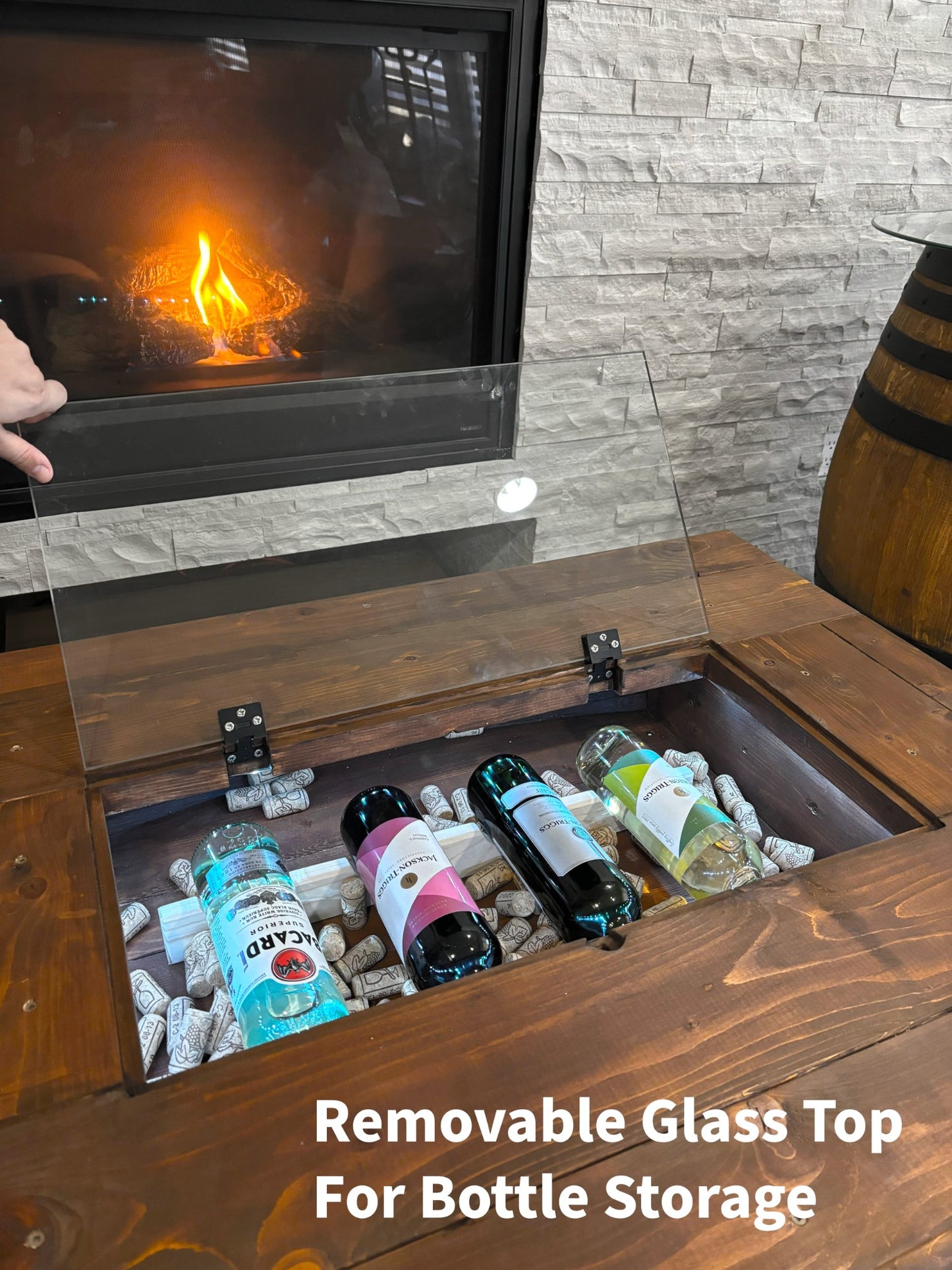 Whiskey Barrel Coffee Table Removable GlassTop ,Handmade Authentic from Real Wine Bourbon Barrel include LED Lights ,Liquor Storage