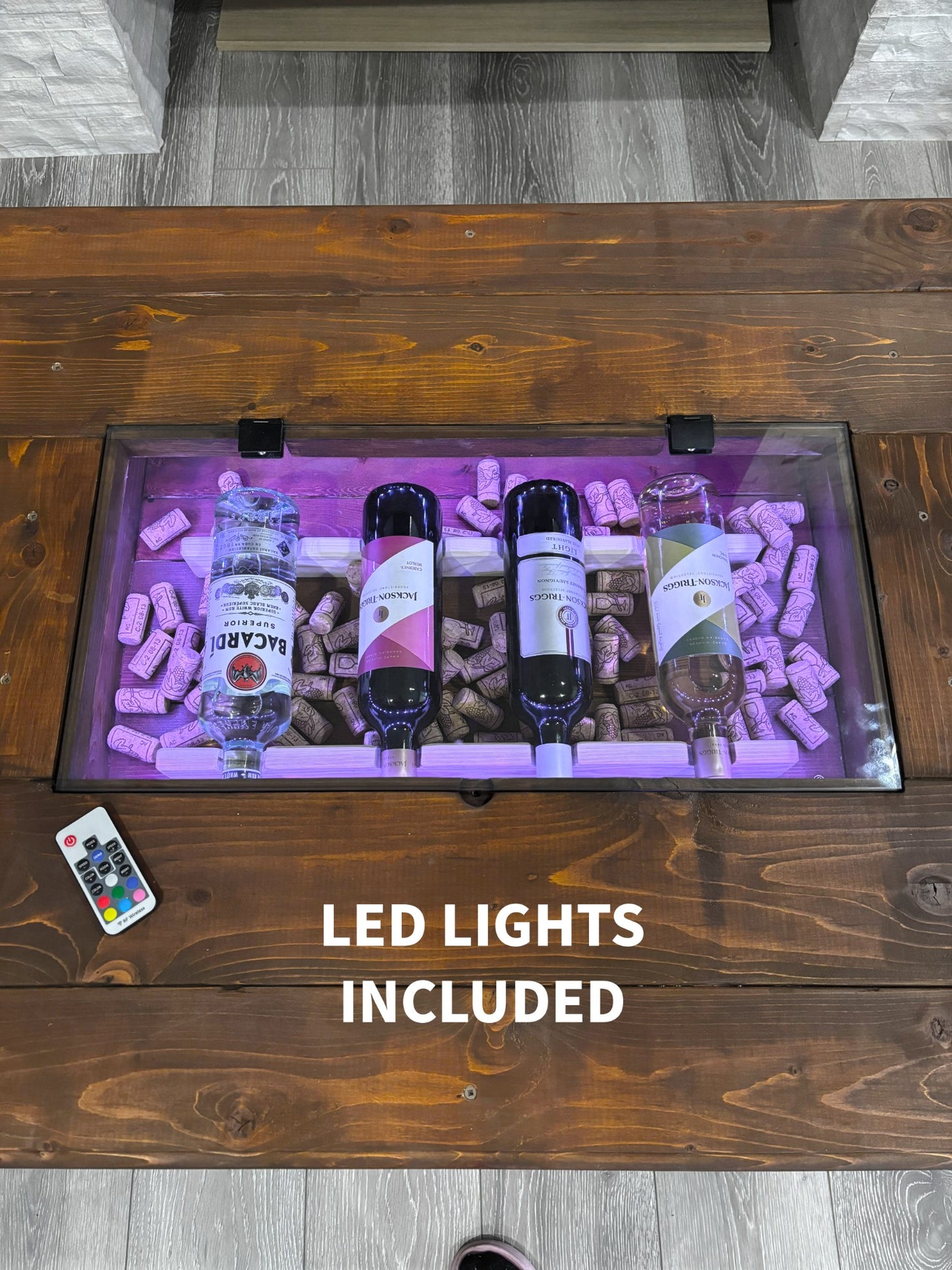 Whiskey Barrel Coffee Table Removable GlassTop ,Handmade Authentic from Real Wine Bourbon Barrel include LED Lights ,Liquor Storage