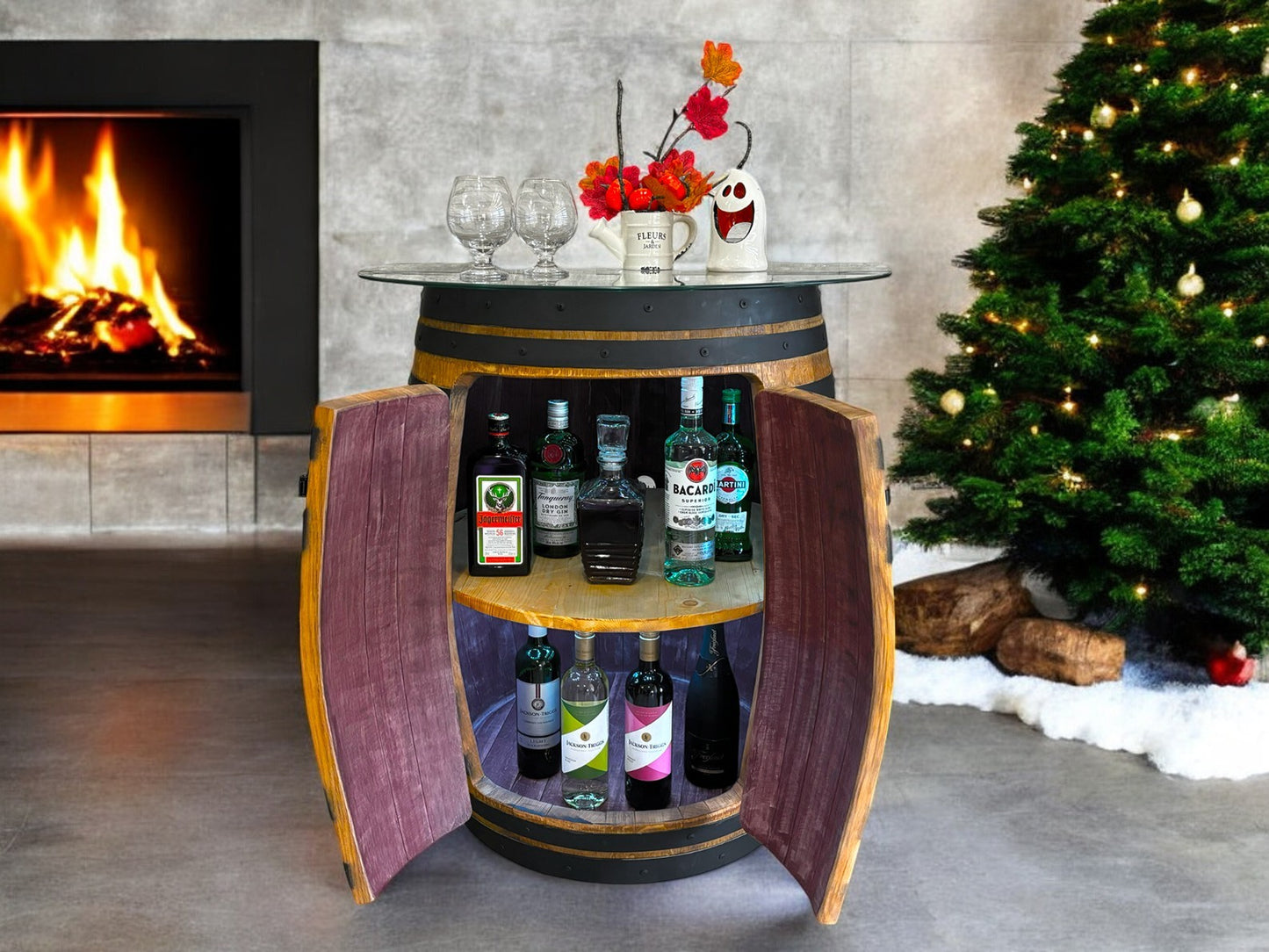 Whiskey Barrel Table Bar Rotating Glass Top | Handcrafted Authentic from Real Wine Whiskey Bourbon Barrel include LED Lights ,Liquor Storage