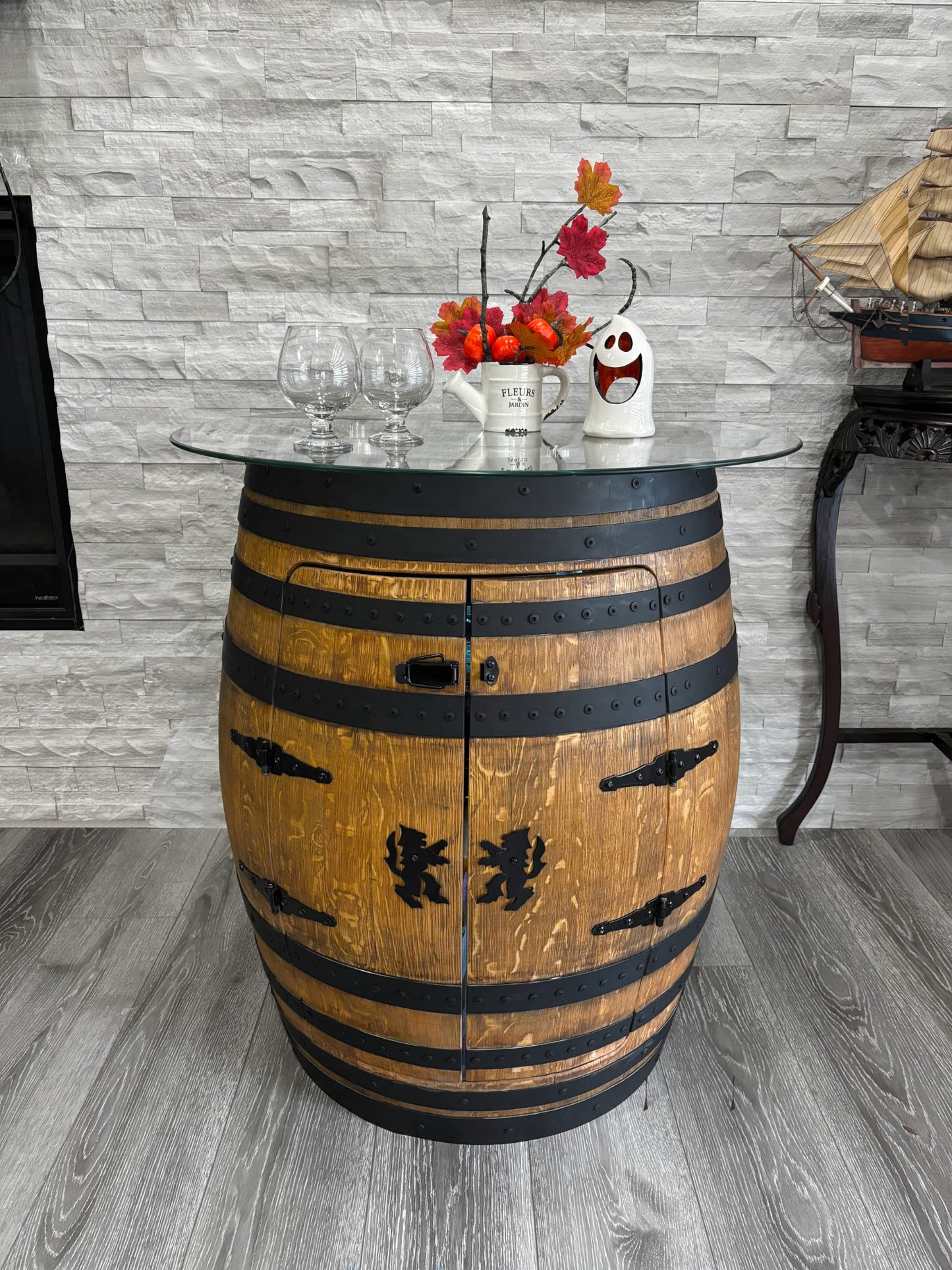 Whiskey Barrel Table Bar Rotating Glass Top | Handcrafted Authentic from Real Wine Whiskey Bourbon Barrel include LED Lights ,Liquor Storage