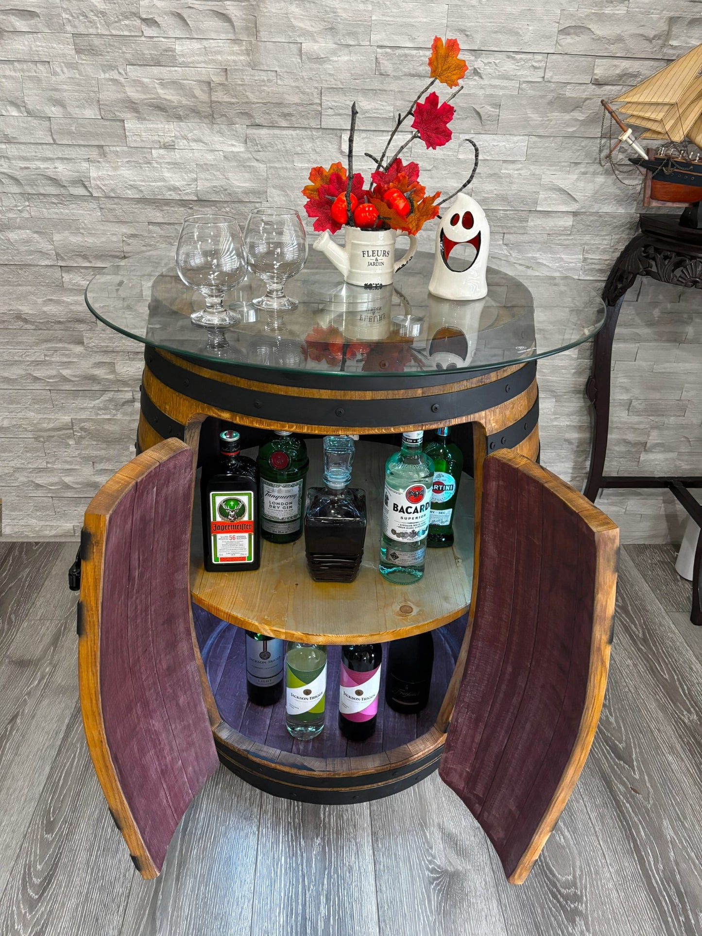 Whiskey Barrel Table Bar Rotating Glass Top | Handcrafted Authentic from Real Wine Whiskey Bourbon Barrel include LED Lights ,Liquor Storage