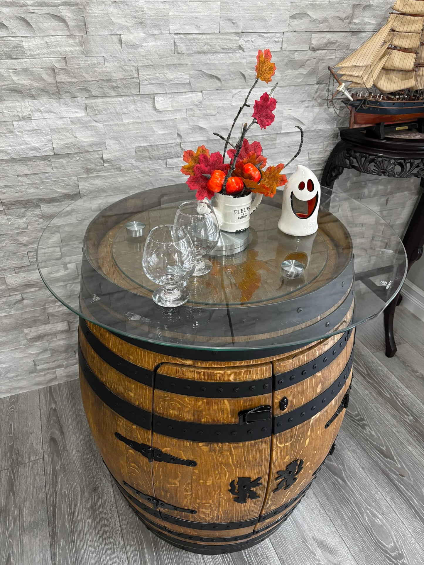 Whiskey Barrel Table Bar Rotating Glass Top | Handcrafted Authentic from Real Wine Whiskey Bourbon Barrel include LED Lights ,Liquor Storage
