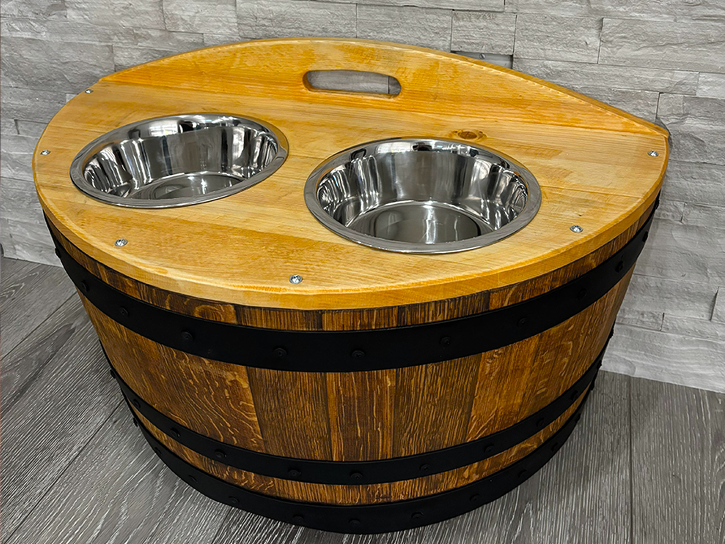 Hand-Made Authentic Pet Dog Cat Feeder Barrel, Handcrafted from Real Wine Whiskey Bourbon Barrel includes pet bowls, optional name engraving