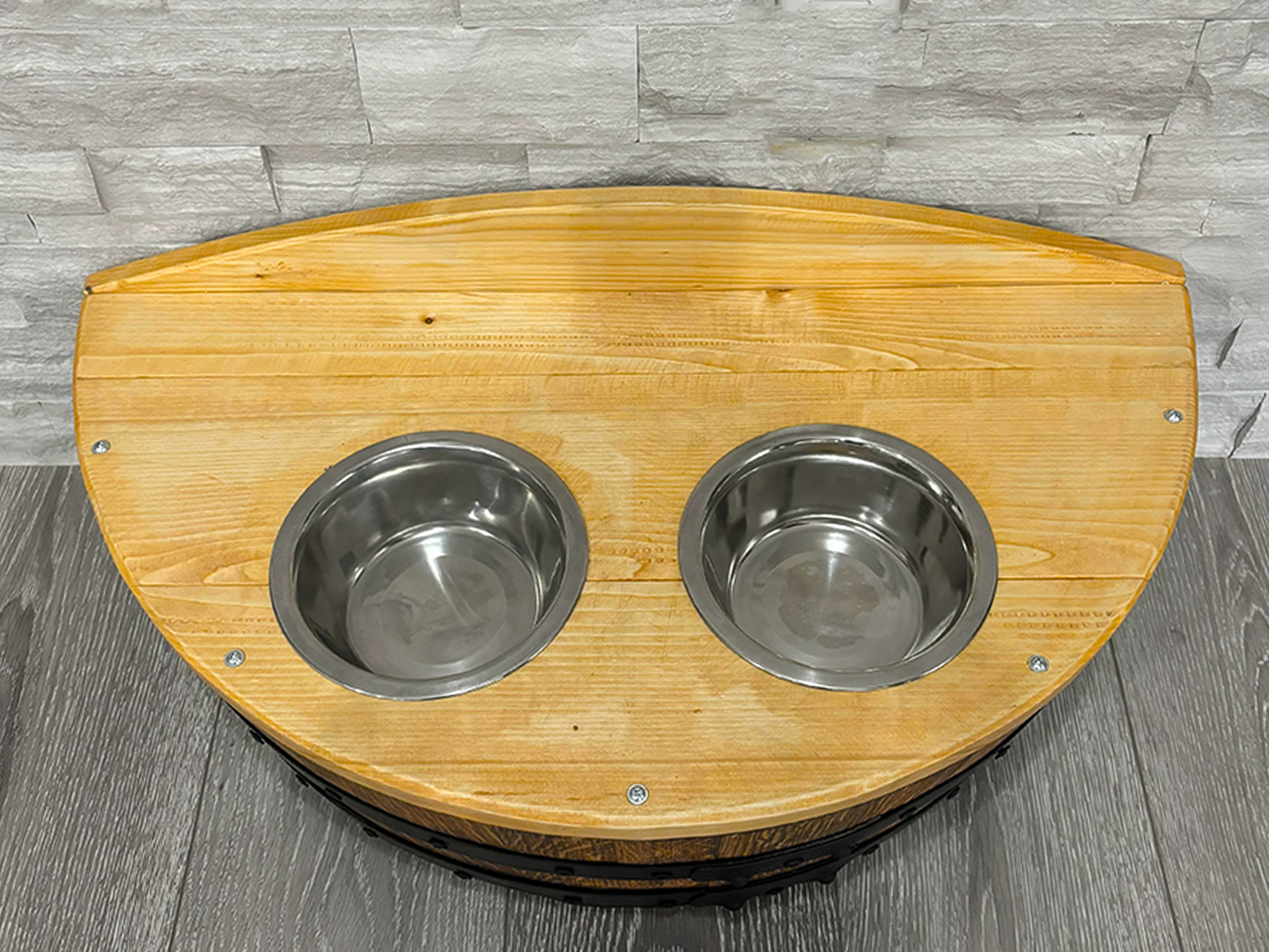 Hand-Made Authentic Pet Dog Cat Feeder Barrel, Handcrafted from Real Wine Whiskey Bourbon Barrel includes pet bowls, optional name engraving