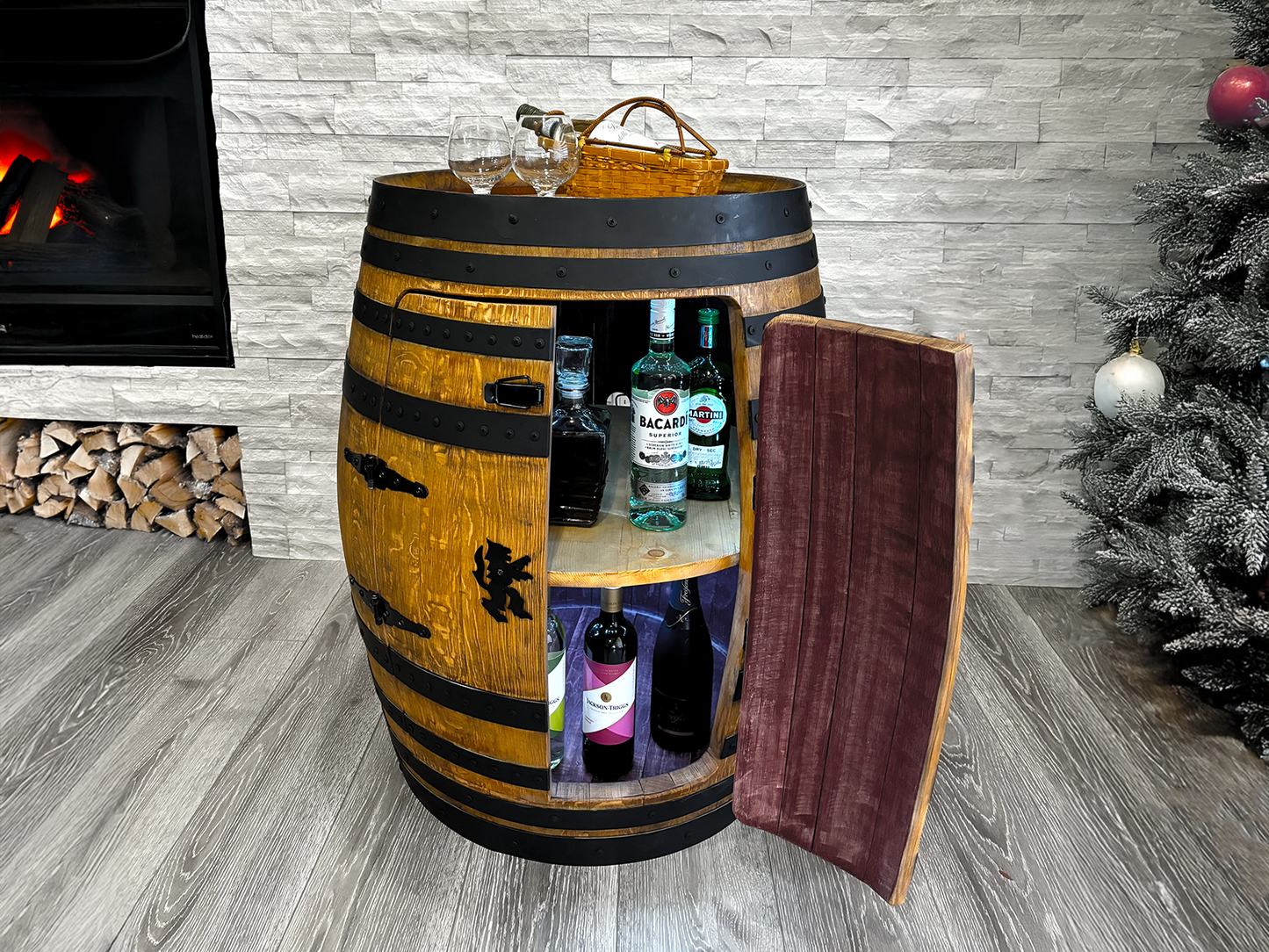 Authentic Whiskey Aged Barrel Cabinet w/ LED lights | Available Half/Full Cabinet Handcrafted from Real Whiskey Barrel