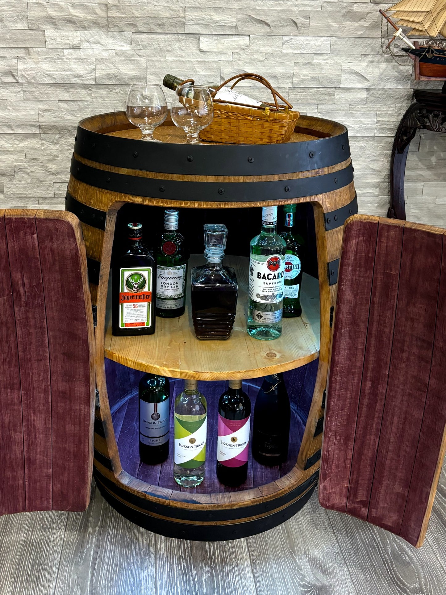 Authentic Whiskey Aged Barrel Cabinet w/ LED lights | Available Half/Full Cabinet Handcrafted from Real Whiskey Barrel