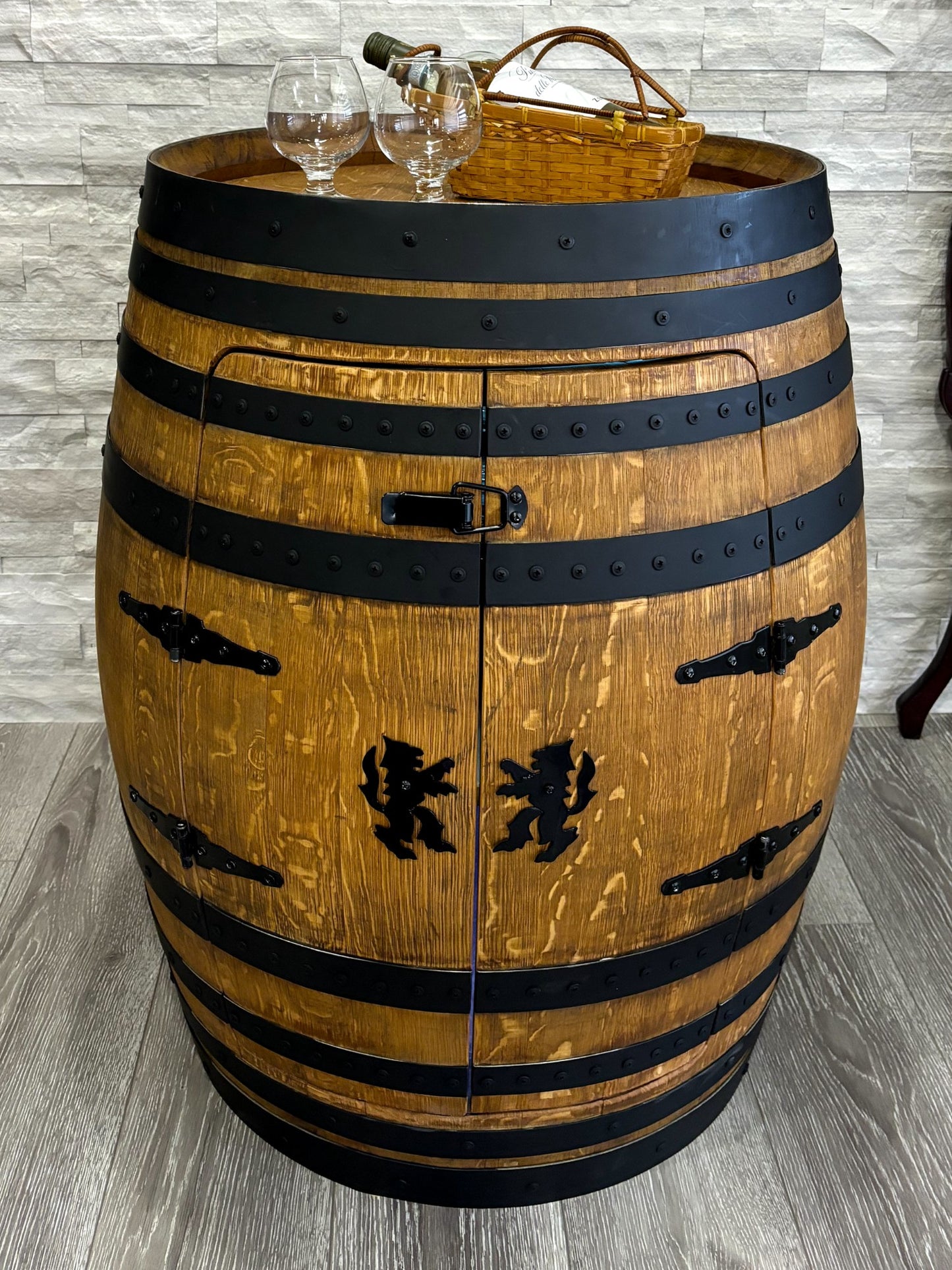 Authentic Whiskey Aged Barrel Cabinet w/ LED lights | Available Half/Full Cabinet Handcrafted from Real Whiskey Barrel