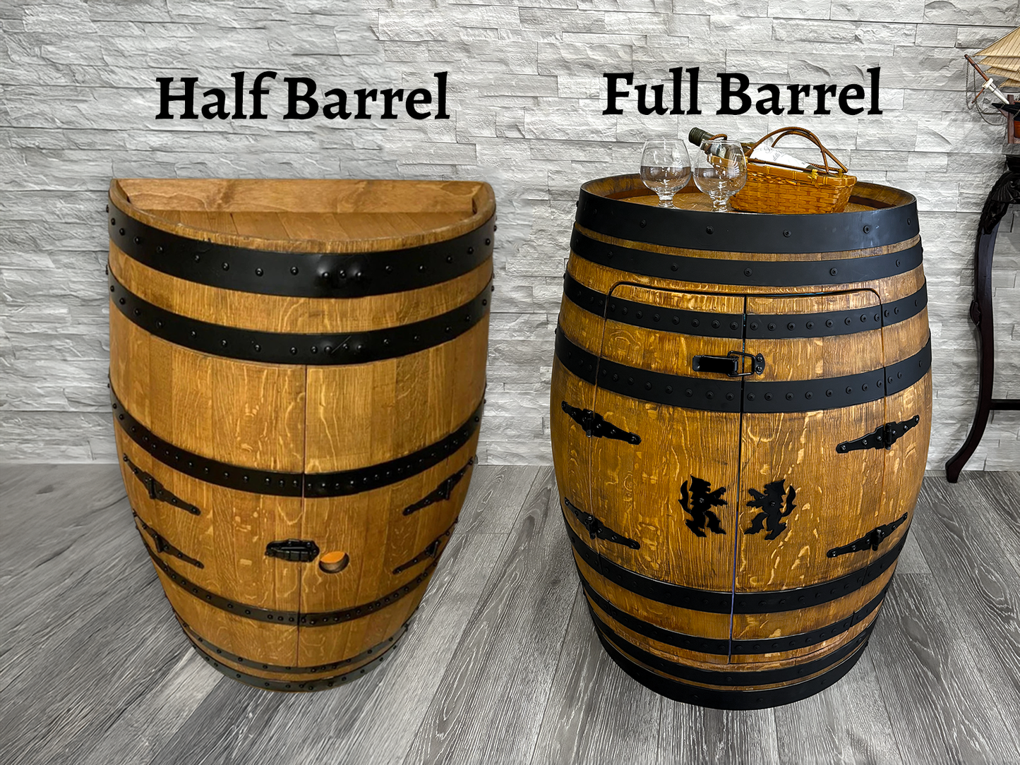 Authentic Whiskey Aged Barrel Cabinet w/ LED lights | Available Half/Full Cabinet Handcrafted from Real Whiskey Barrel