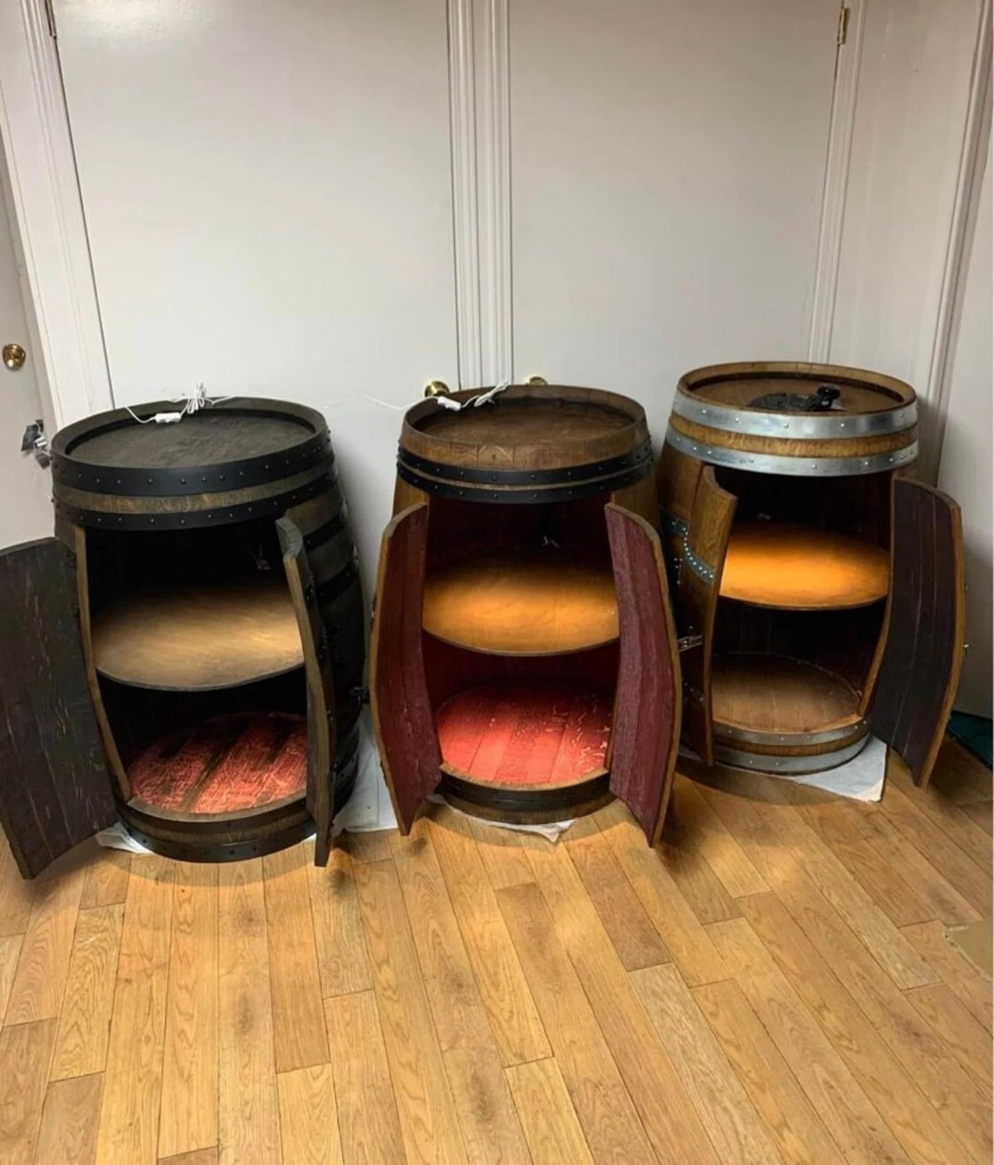 Authentic Whiskey Aged Barrel Cabinet w/ LED lights | Available Half/Full Cabinet Handcrafted from Real Whiskey Barrel