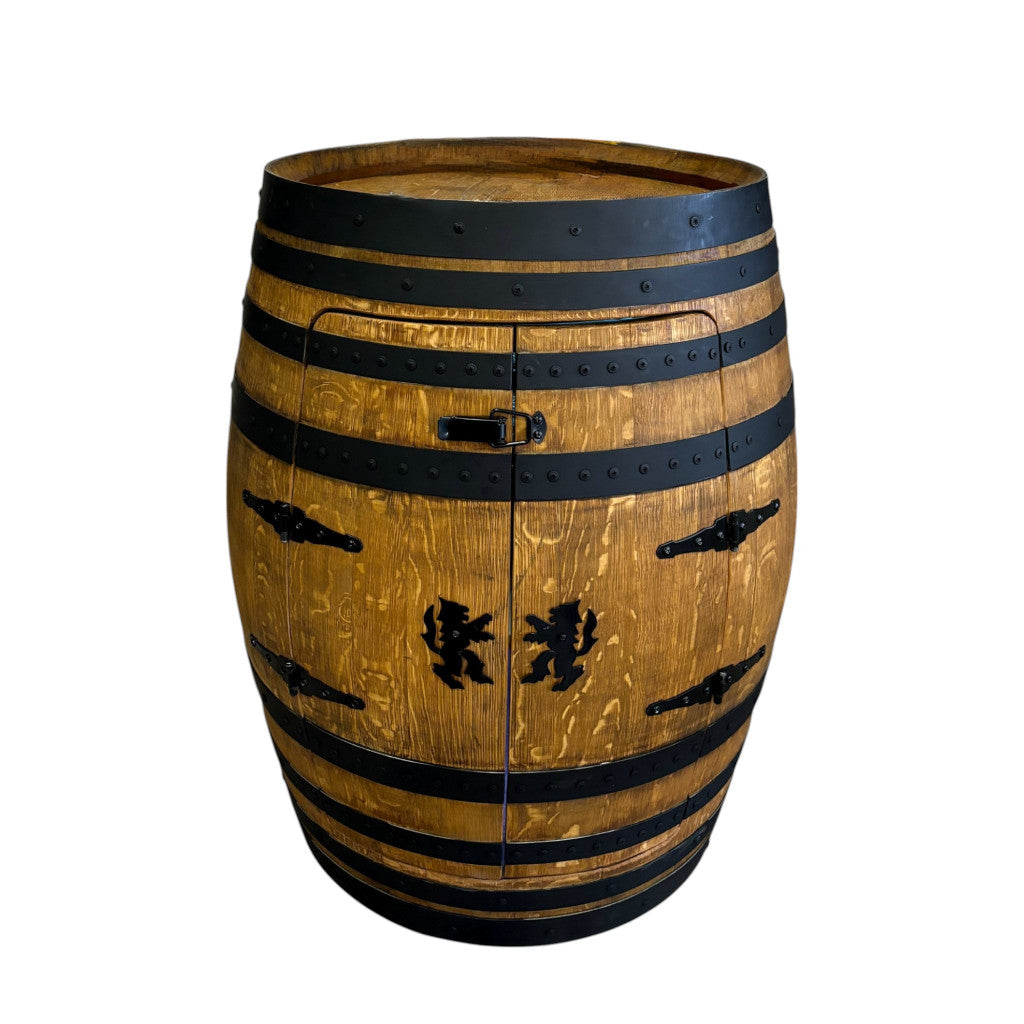 Hand-Made Authentic Liquor Barrel Display Cabinet, Handcrafted from Real Wine Whiskey Bourbon Barrel, Comes with LED Lights