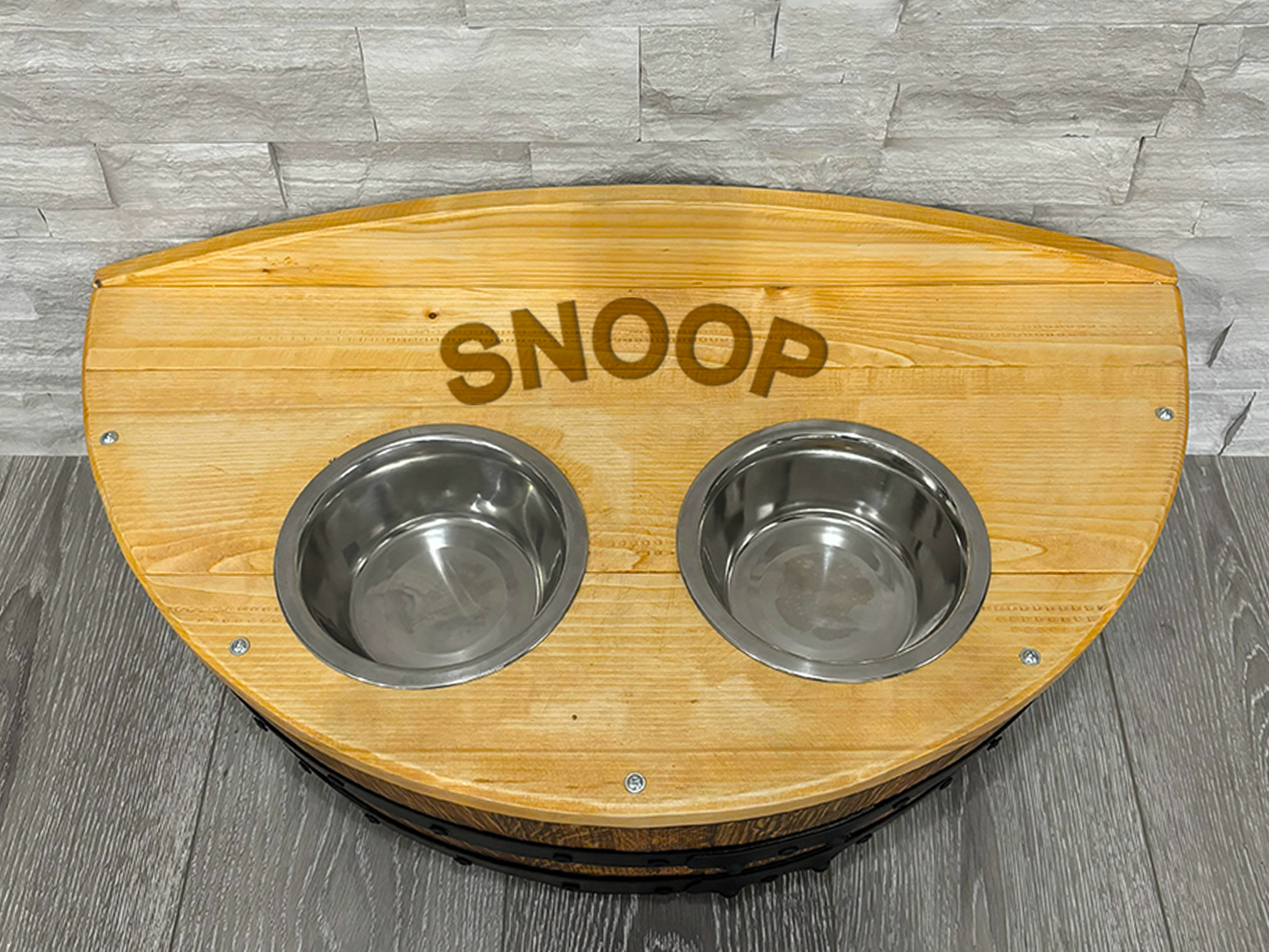 Hand-Made Authentic Pet Dog Cat Feeder Barrel, Handcrafted from Real Wine Whiskey Bourbon Barrel includes pet bowls, optional name engraving