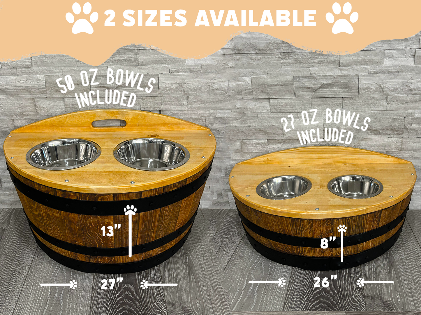 Hand-Made Authentic Pet Dog Cat Feeder Barrel, Handcrafted from Real Wine Whiskey Bourbon Barrel includes pet bowls, optional name engraving