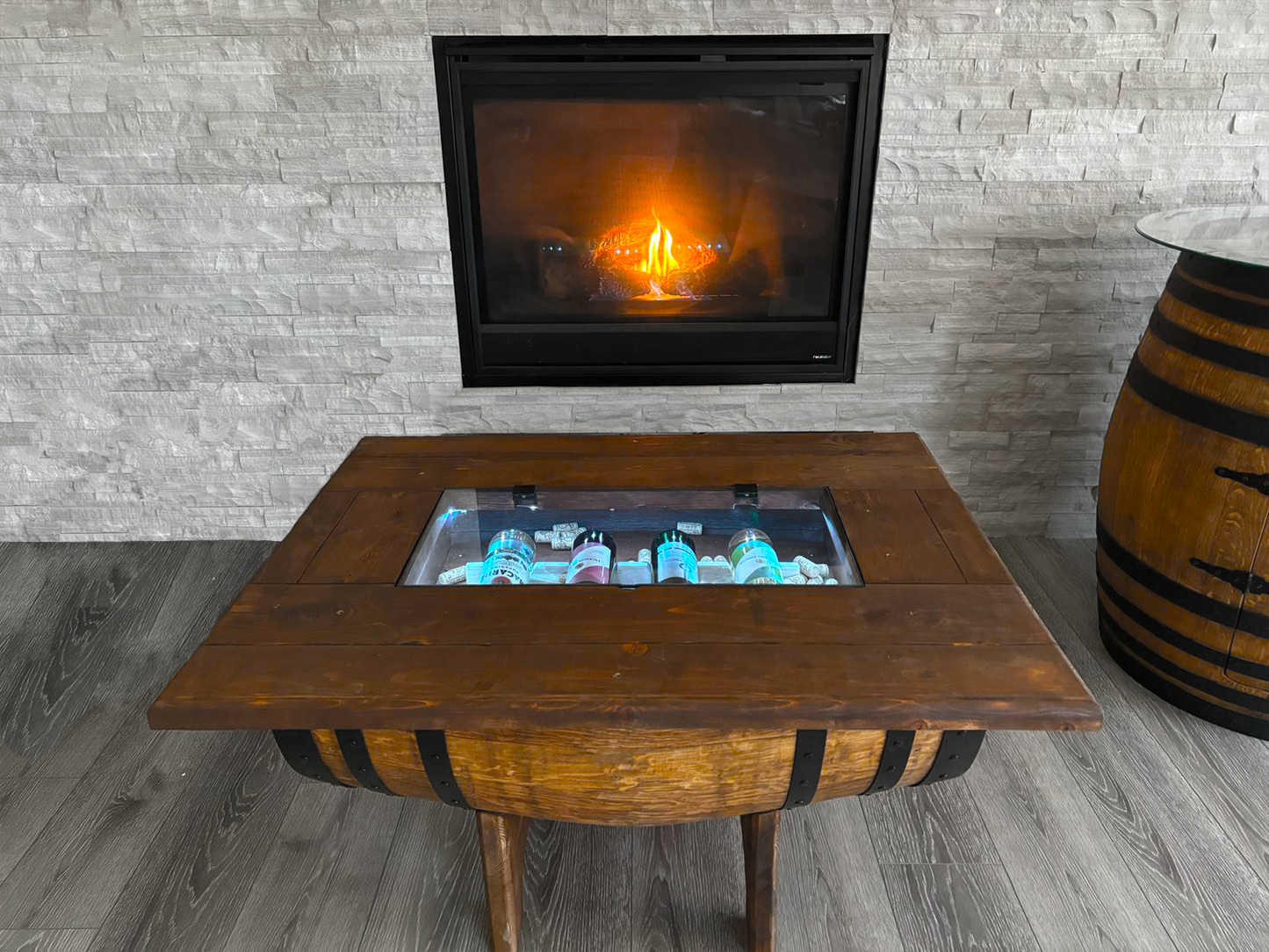 Whiskey Barrel Coffee Table Removable GlassTop ,Handmade Authentic from Real Wine Bourbon Barrel include LED Lights ,Liquor Storage