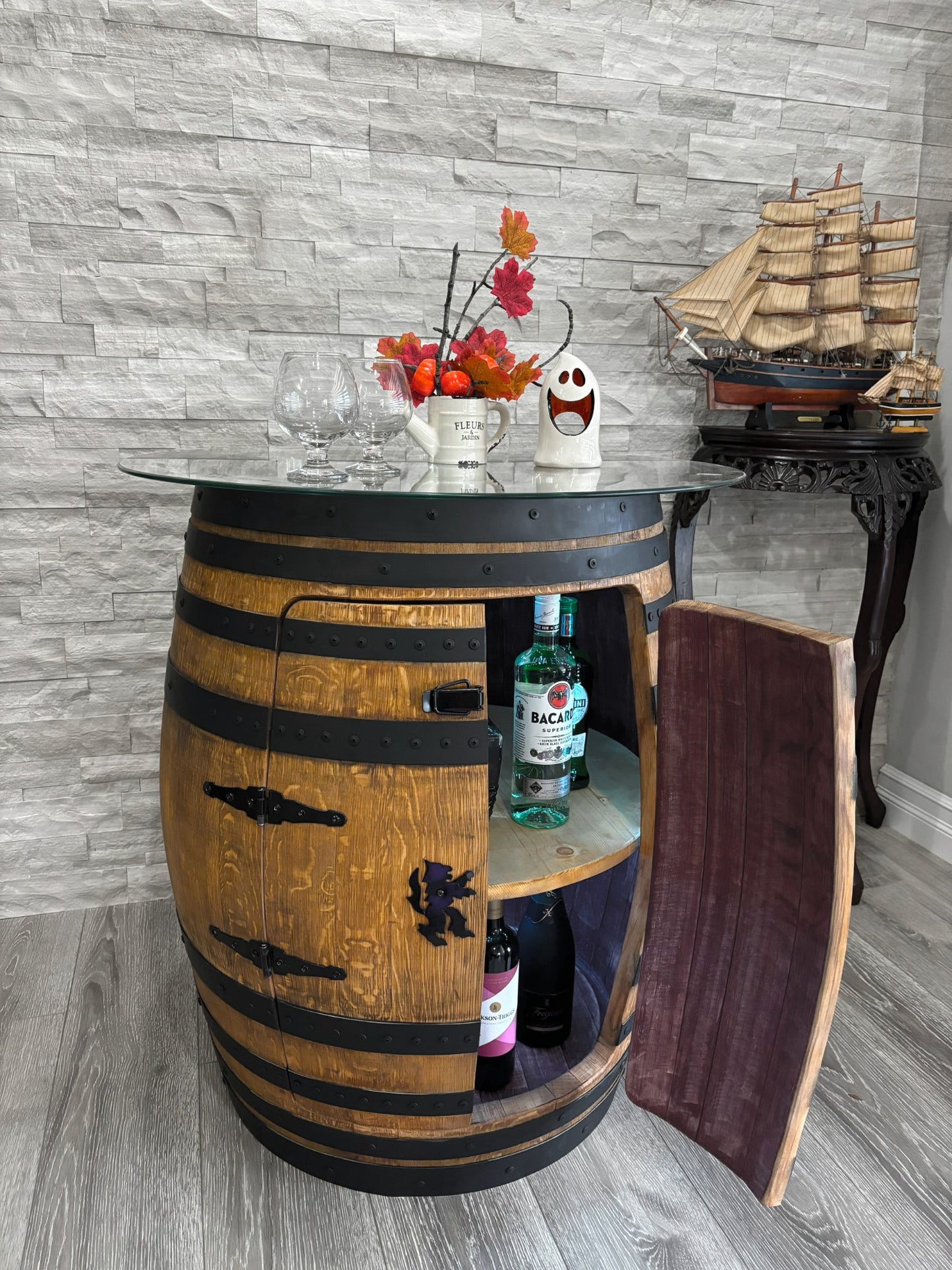 Whiskey Barrel Table Bar Rotating Glass Top | Handcrafted Authentic from Real Wine Whiskey Bourbon Barrel include LED Lights ,Liquor Storage