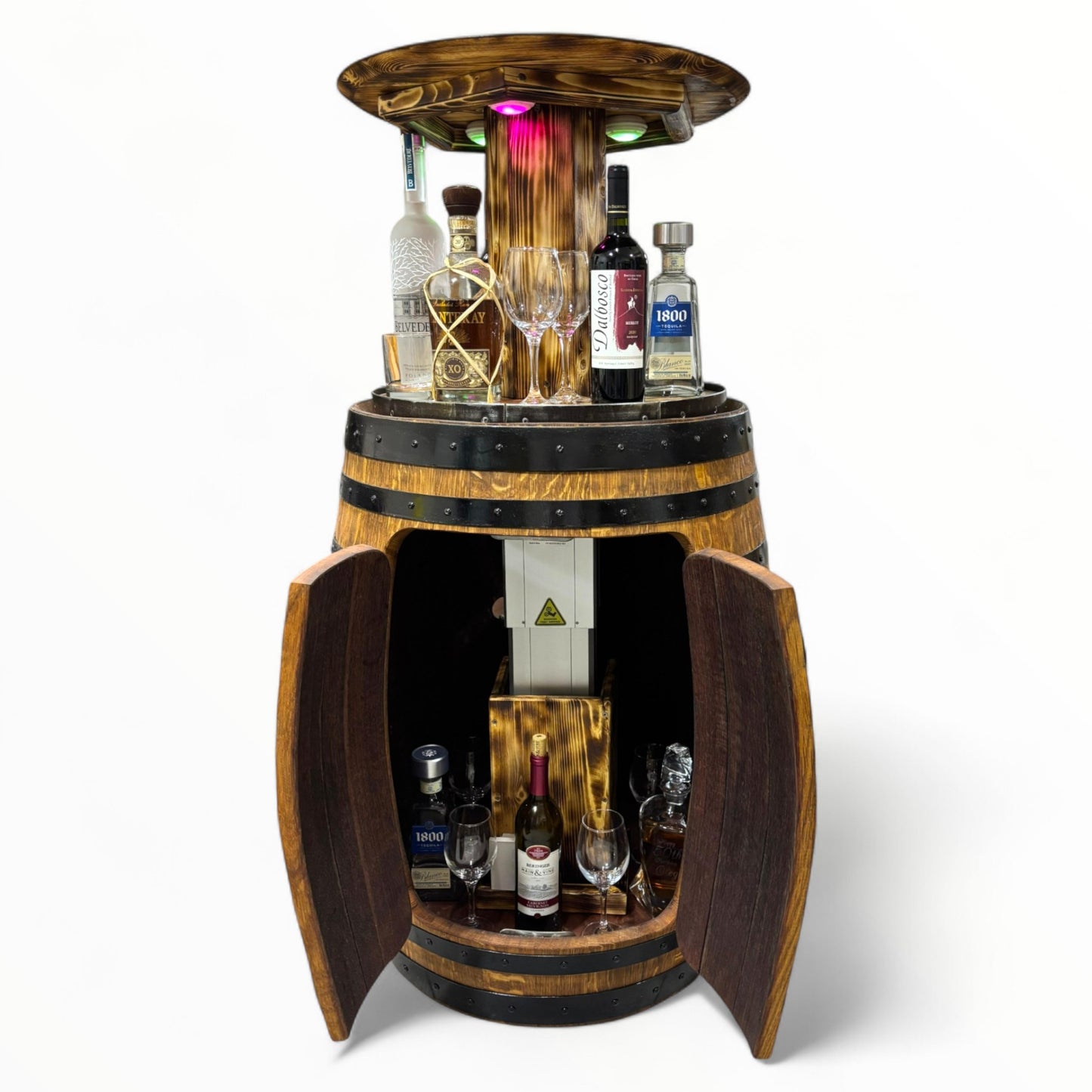 Automatic Authentic Whiskey Aged Barrel Cabinet w/ LED lights | Handcrafted from Real Whiskey Barrel